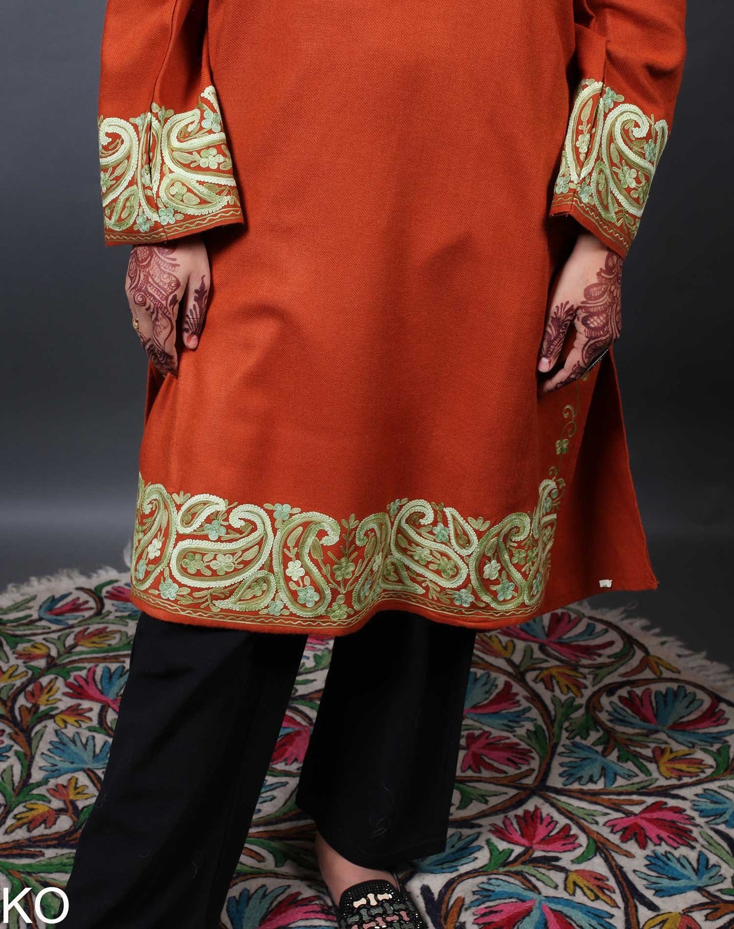 Rust Badam Design Aari Embroidered Phiran