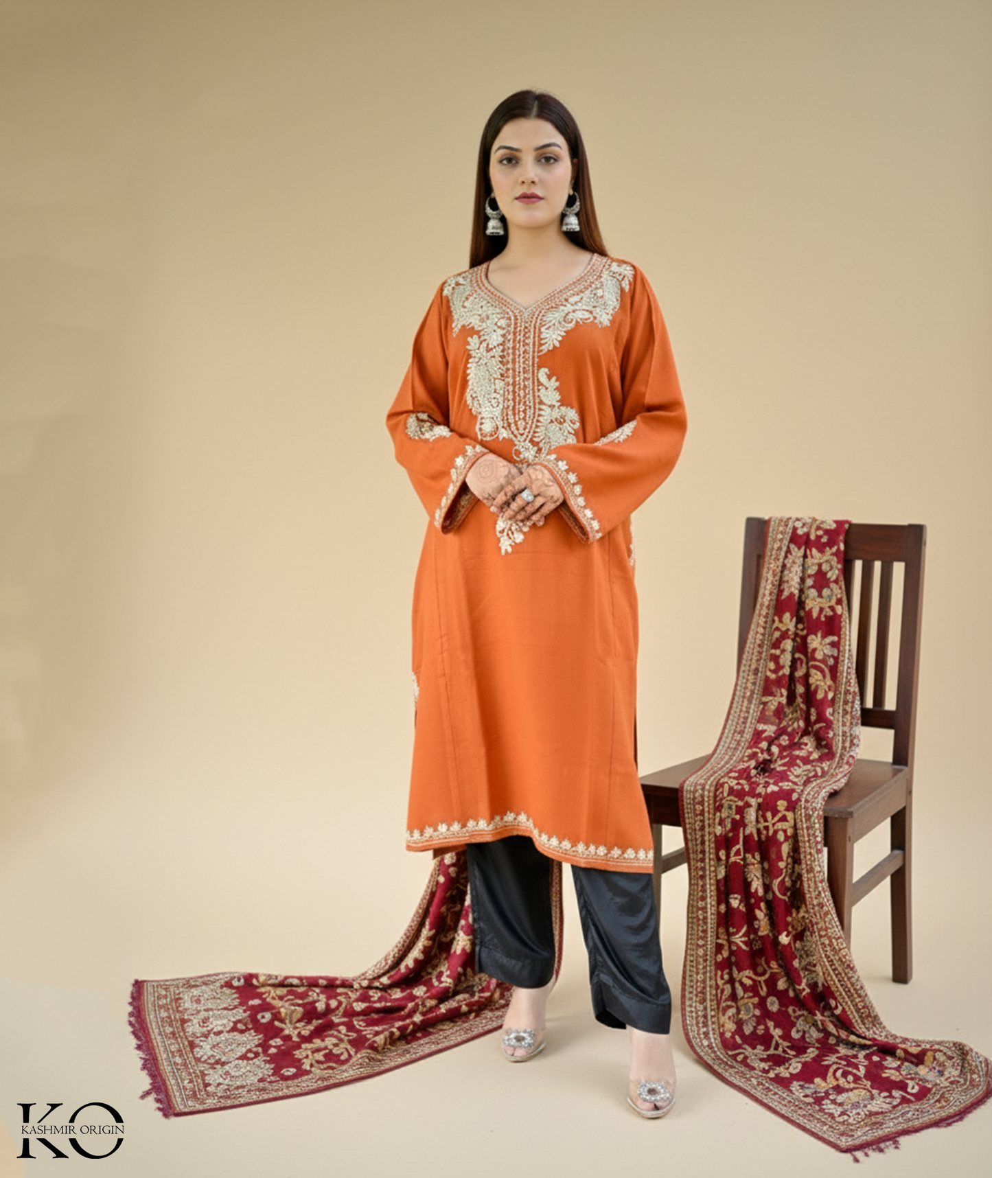 Neck Design Zari Embroidered Rust Pheran