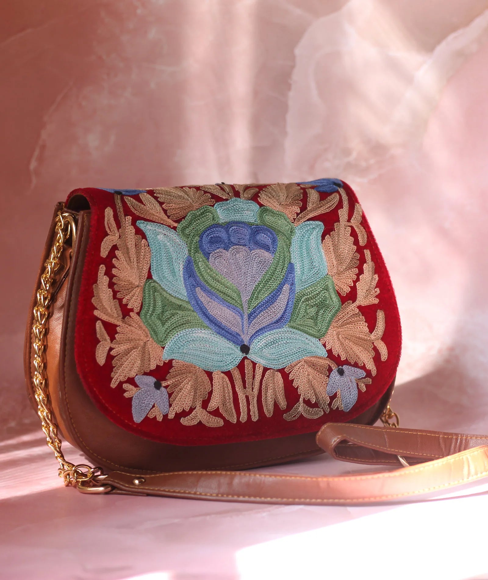 Red Brown Aari Embroidered Full Flap Sling Bag – Kashmir origin