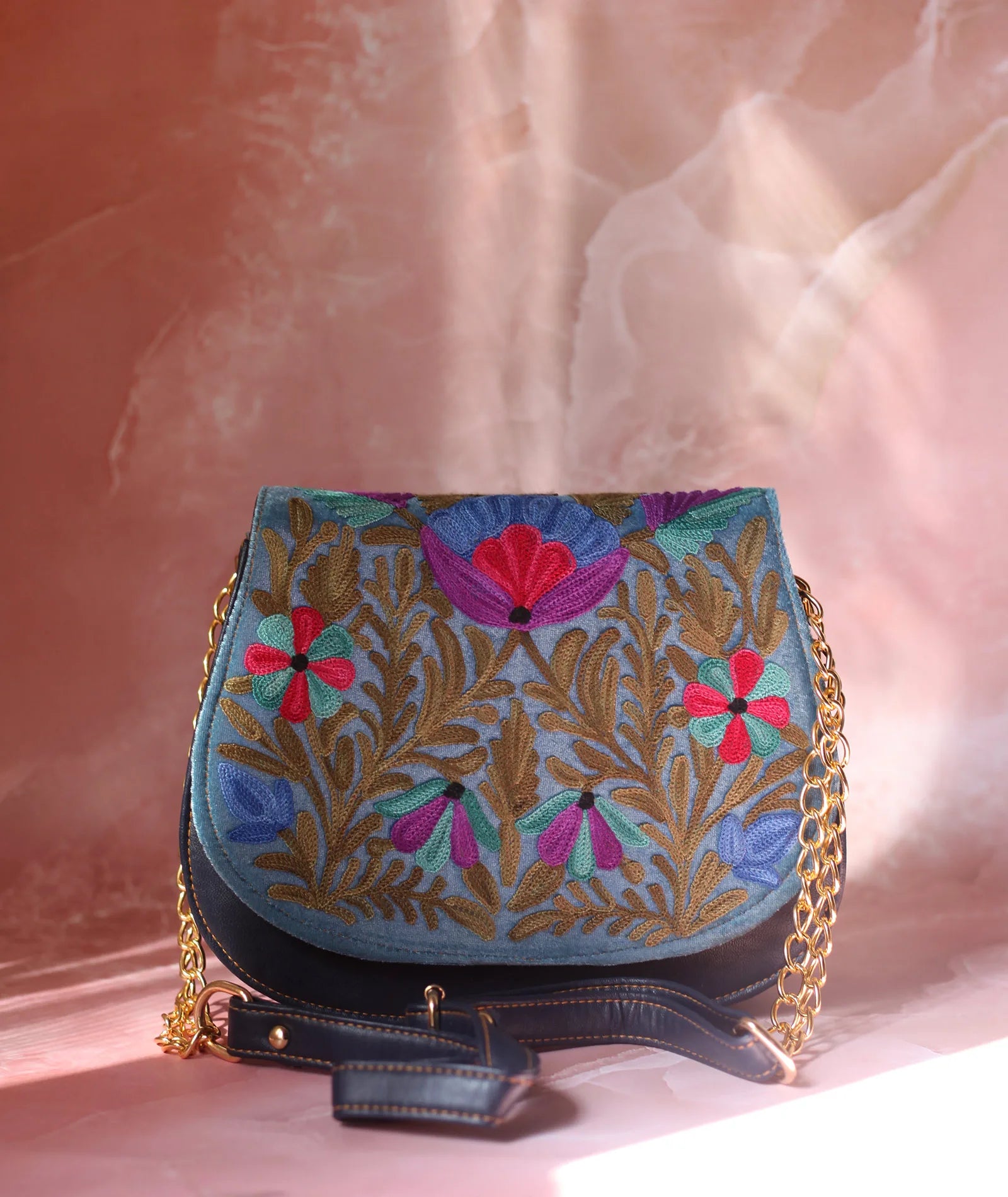 Navy Blue Aari Embroidered Full Flap Sling Bag – Kashmir origin