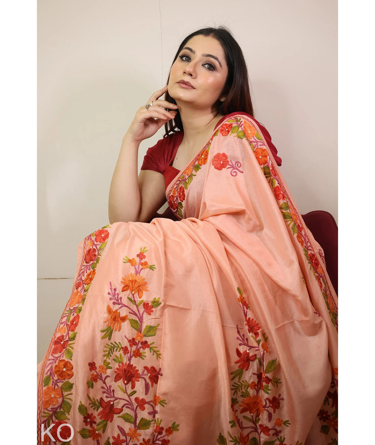 Peach Embroidered Creape Saree