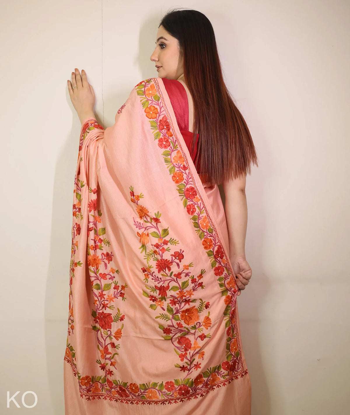 Peach Embroidered Creape Saree