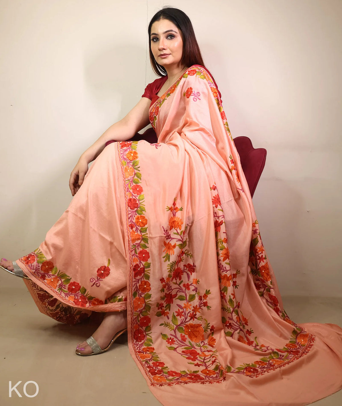 Peach Embroidered Creape Saree