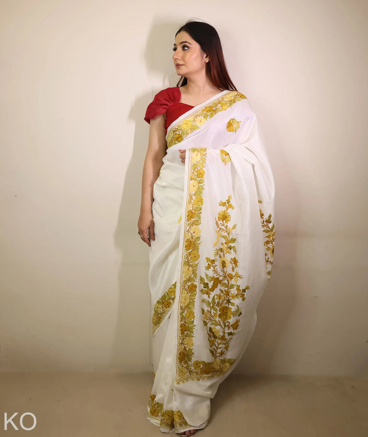 White Embroidered Creape Saree