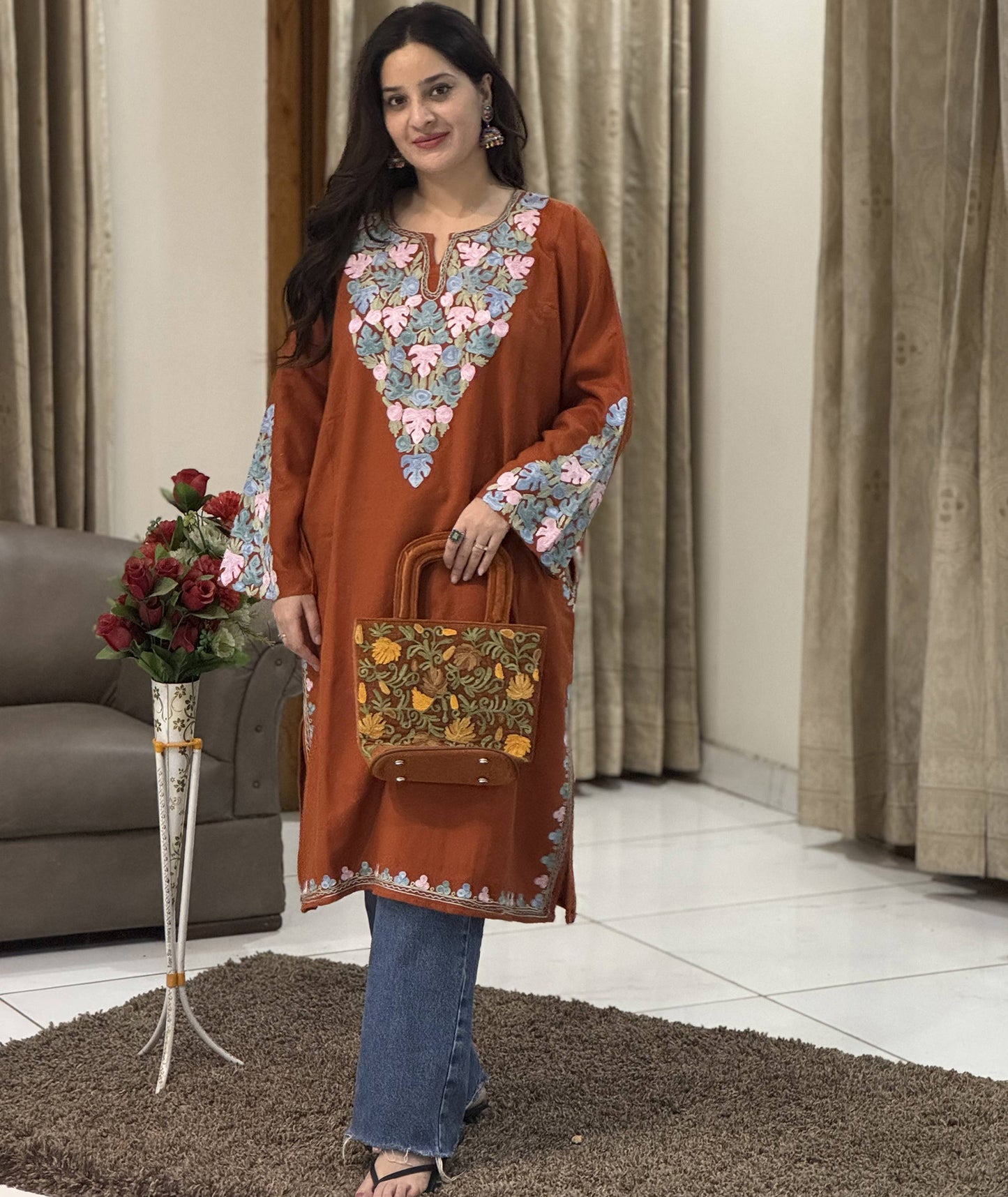 Rust Chinar Neck & Arm Design Aari Embroidered Pheran XS-M