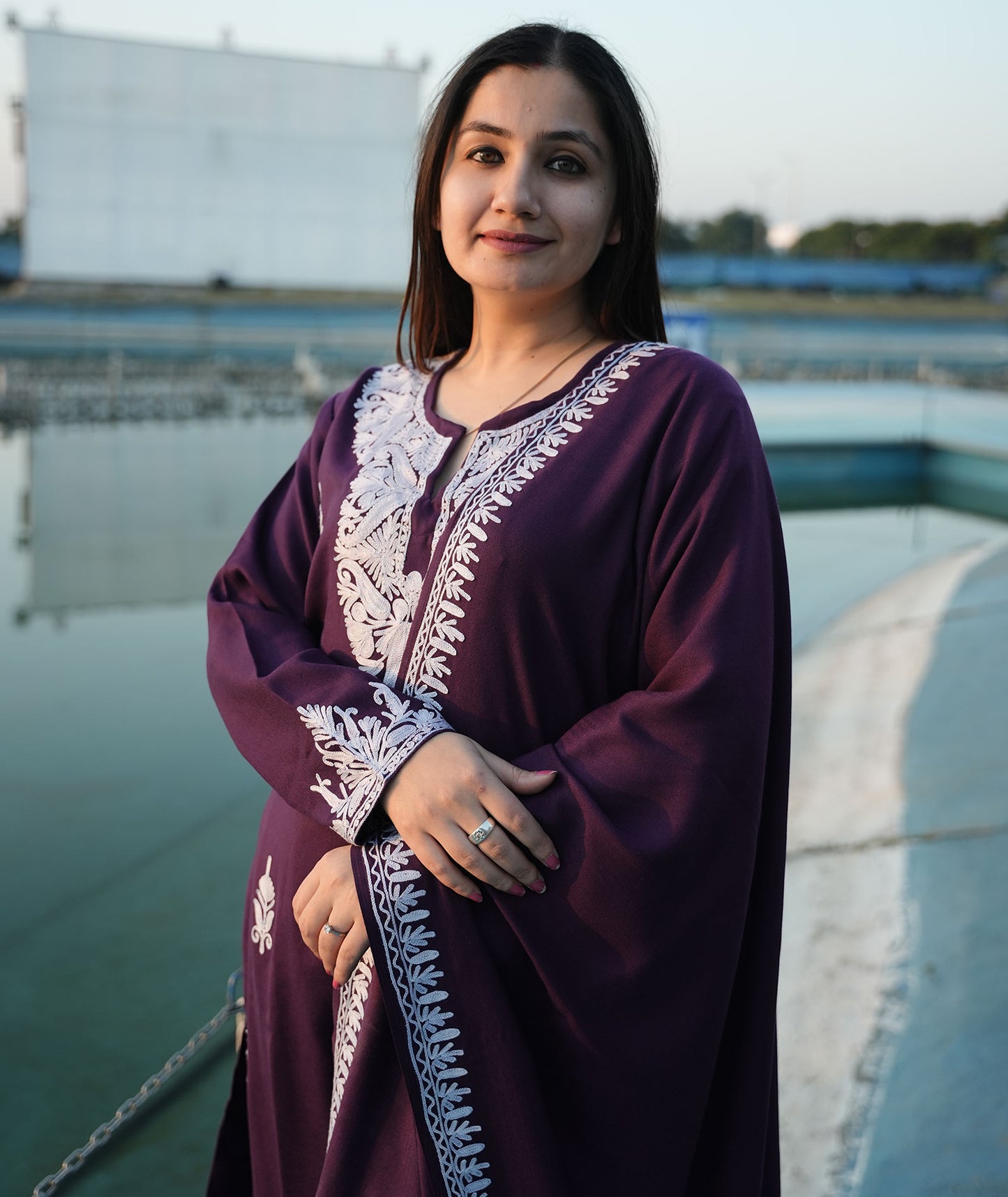 Purple Aari Embroidered Woolen Co ord Set With Shawl