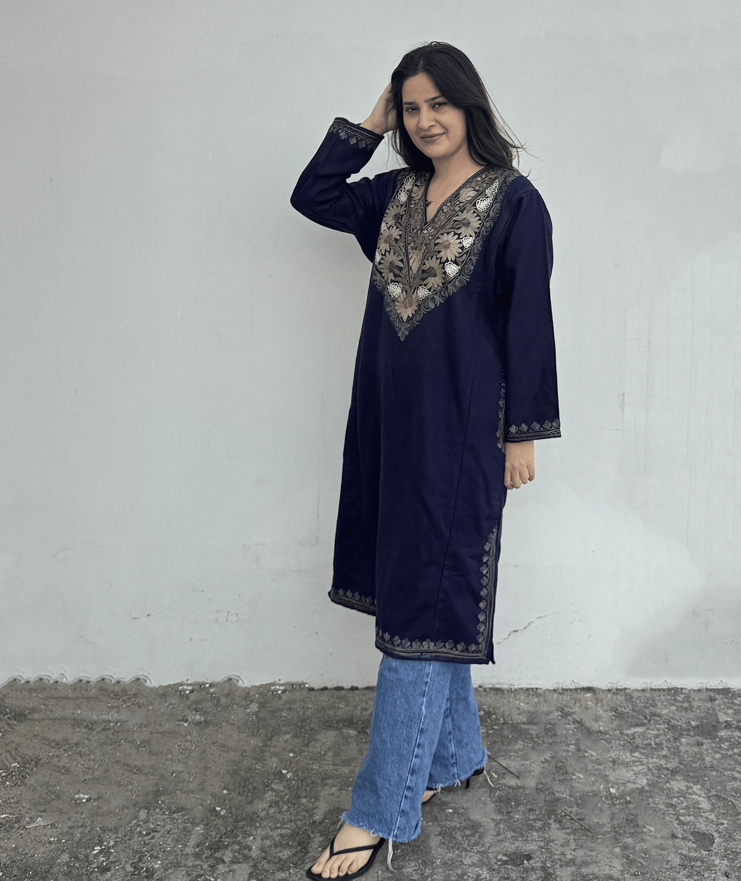 Navy Blue Modern Design Aari Embroidered Pheran