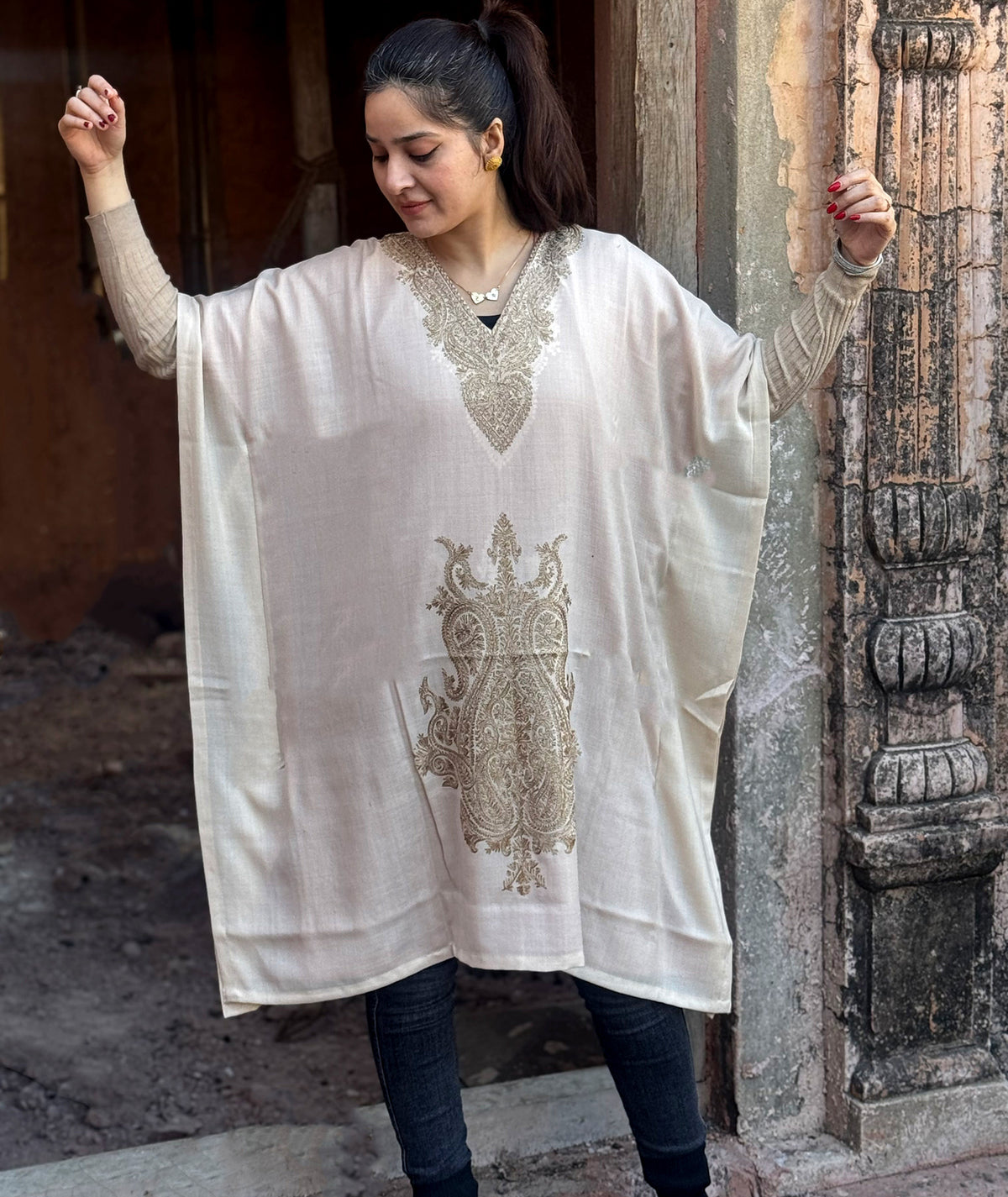 Priemum Wool Creme & Gold Embroidered kaftan