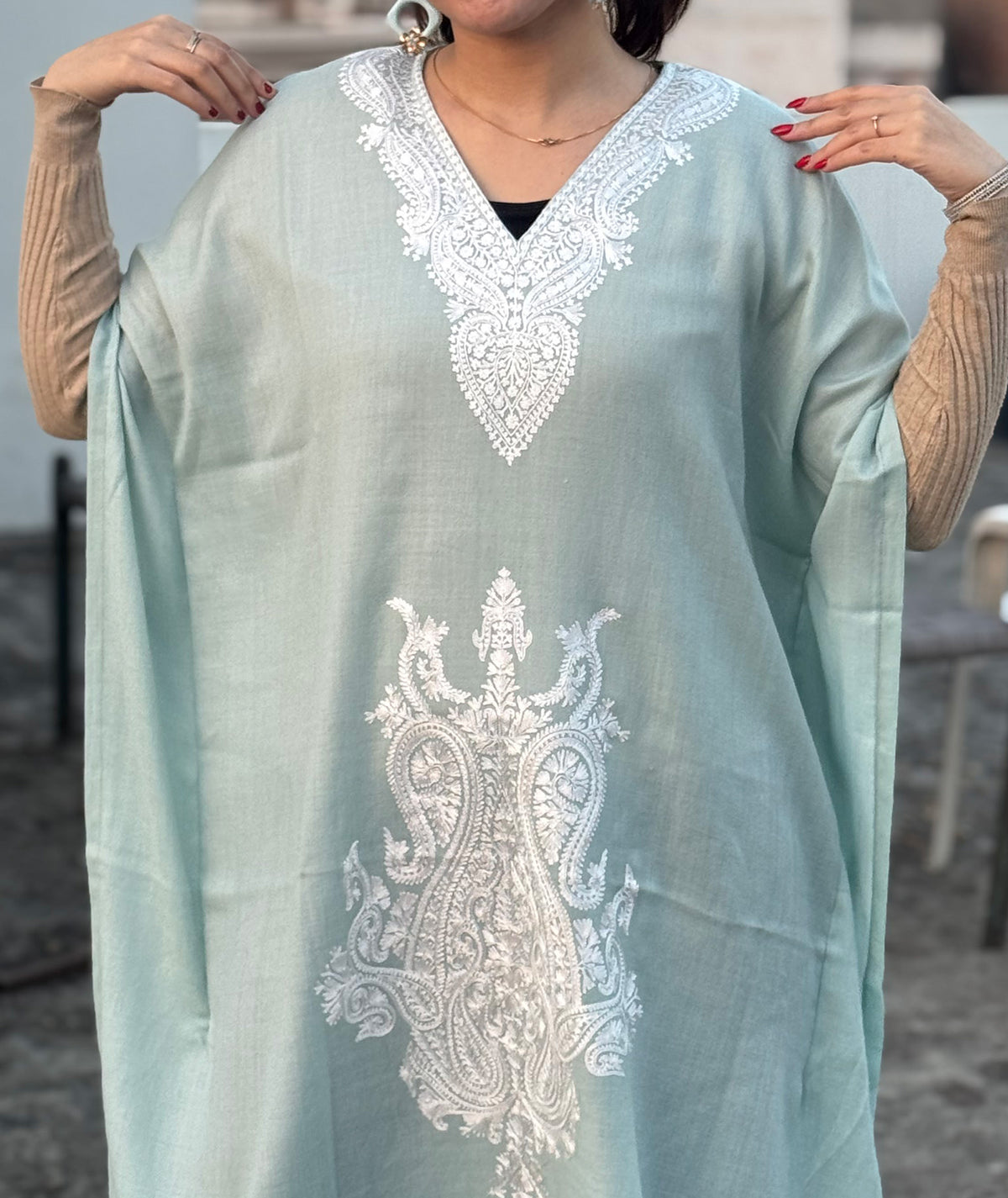 Priemum Wool Light Green & White Embroidered kaftan