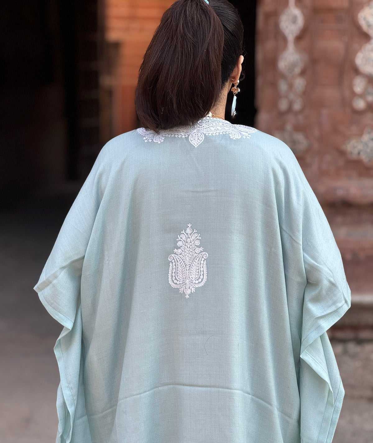 Priemum Wool Light Green & White Embroidered kaftan