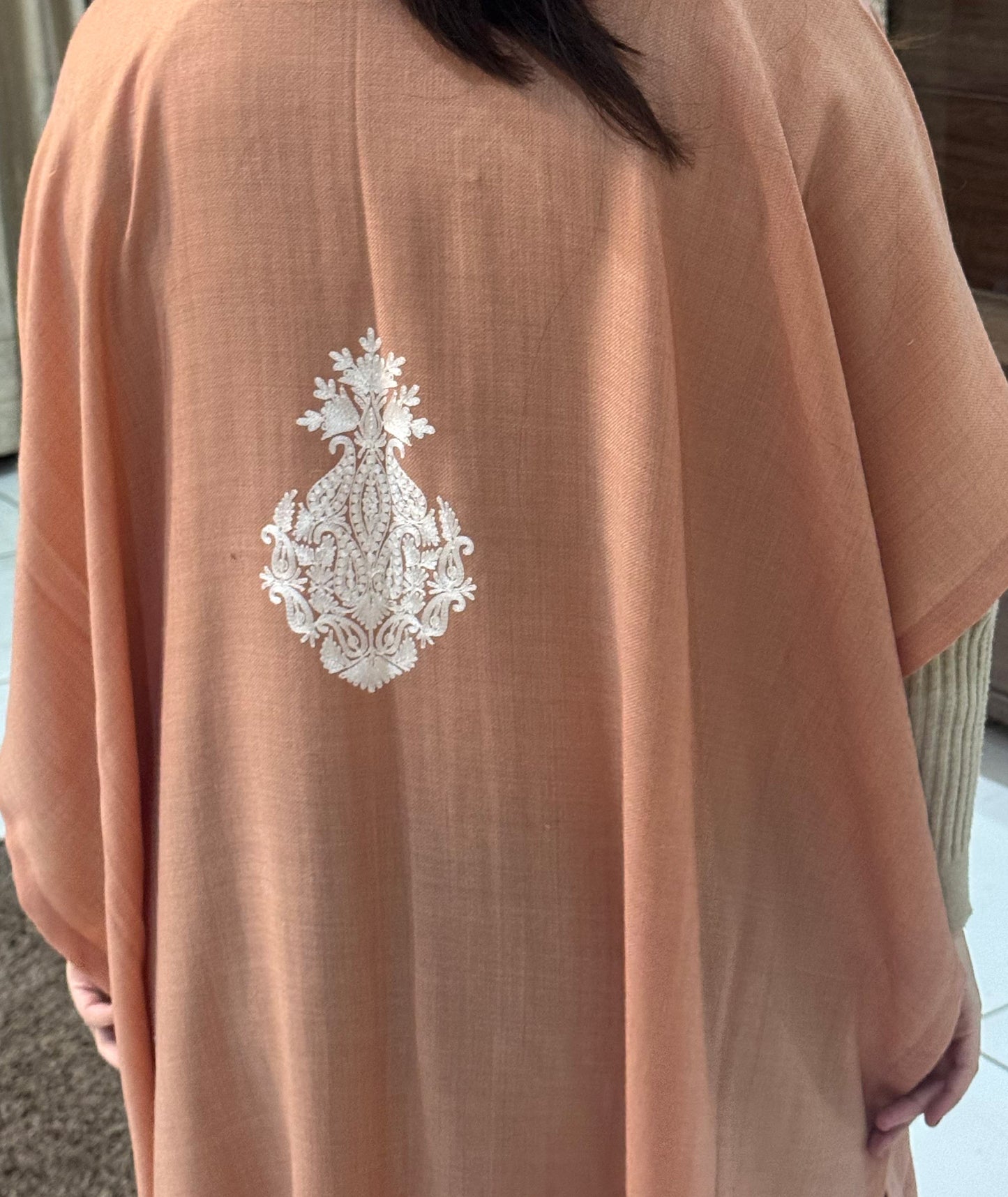 Priemum Wool Light Orange & White Embroidered kaftan