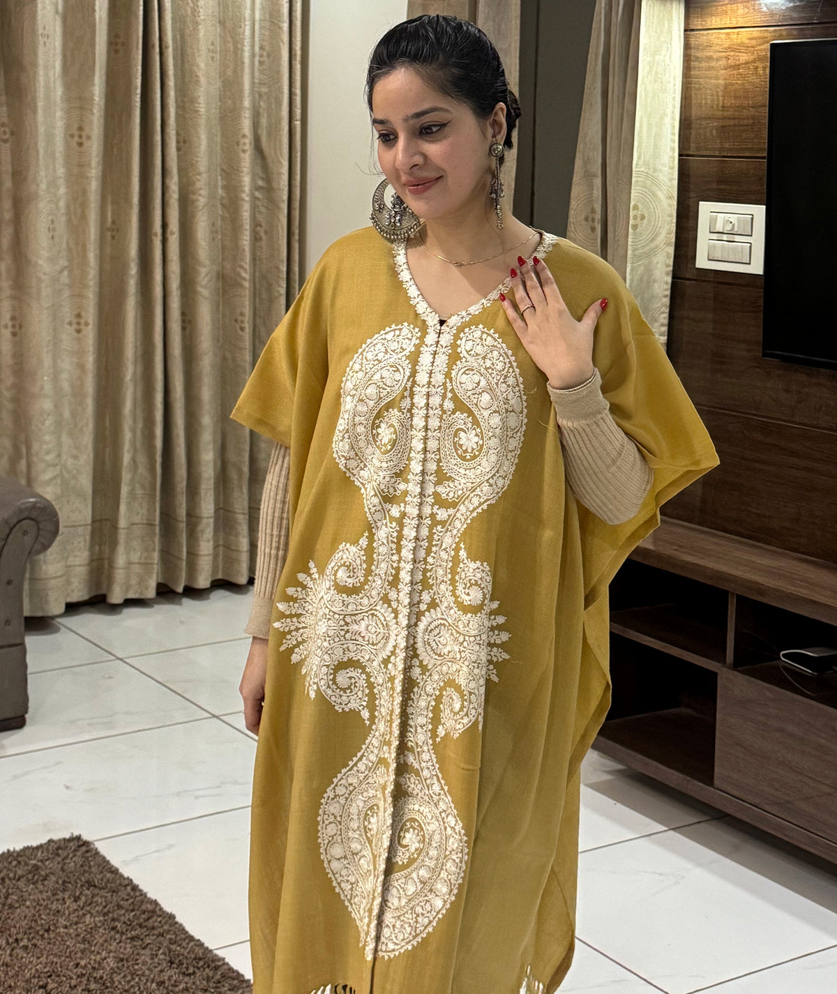 Priemum Wool Mustard & White Embroidered Cape Shawl
