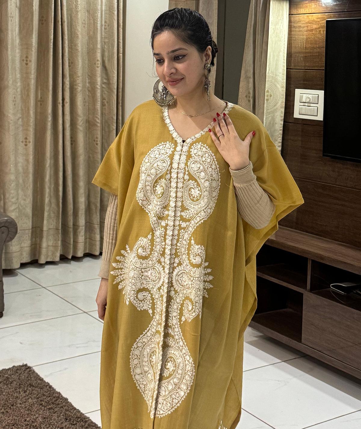 Priemum Wool Mustard & White Embroidered Cape Shawl