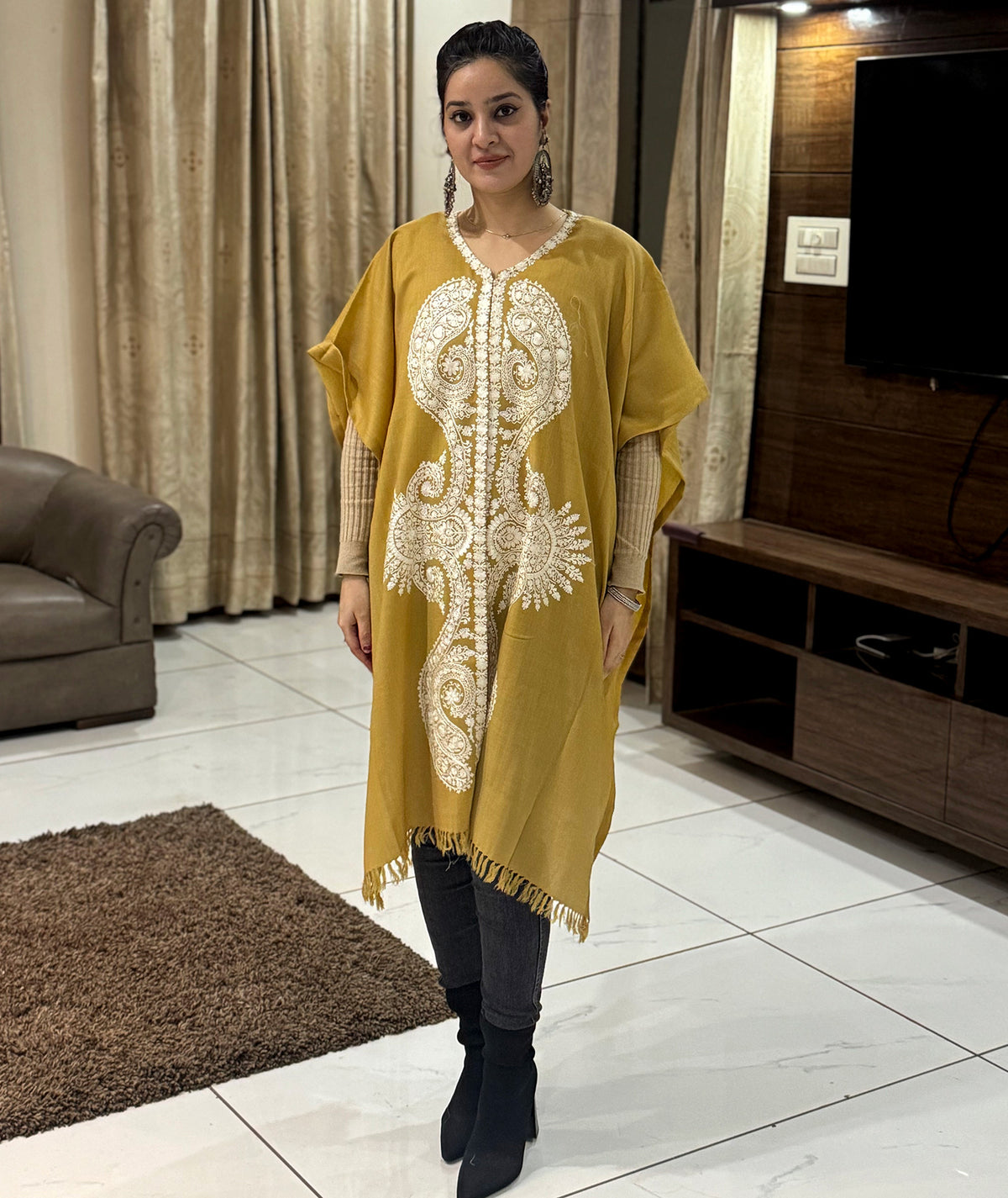 Priemum Wool Mustard & White Embroidered Cape Shawl