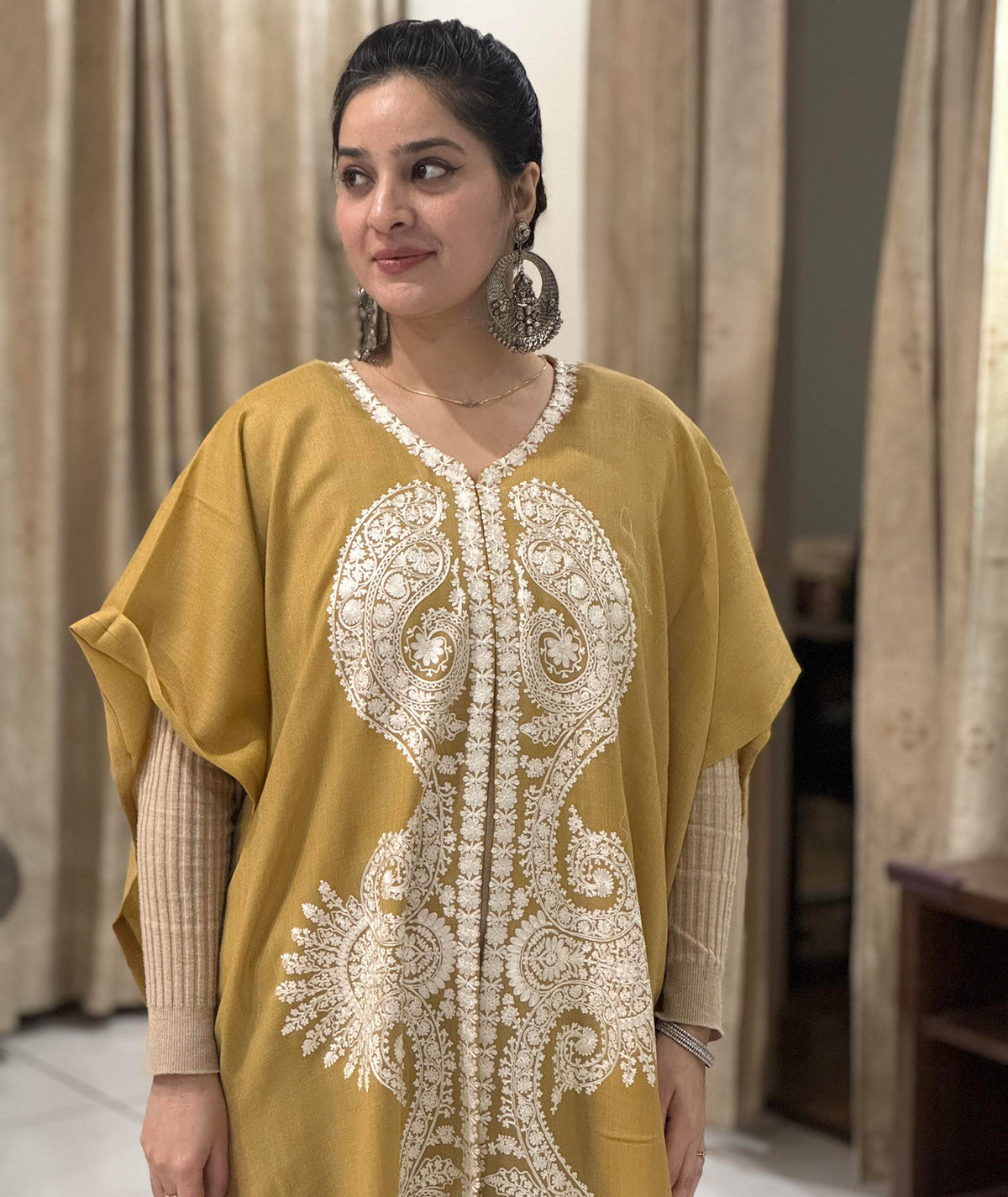 Priemum Wool Mustard & White Embroidered Cape Shawl