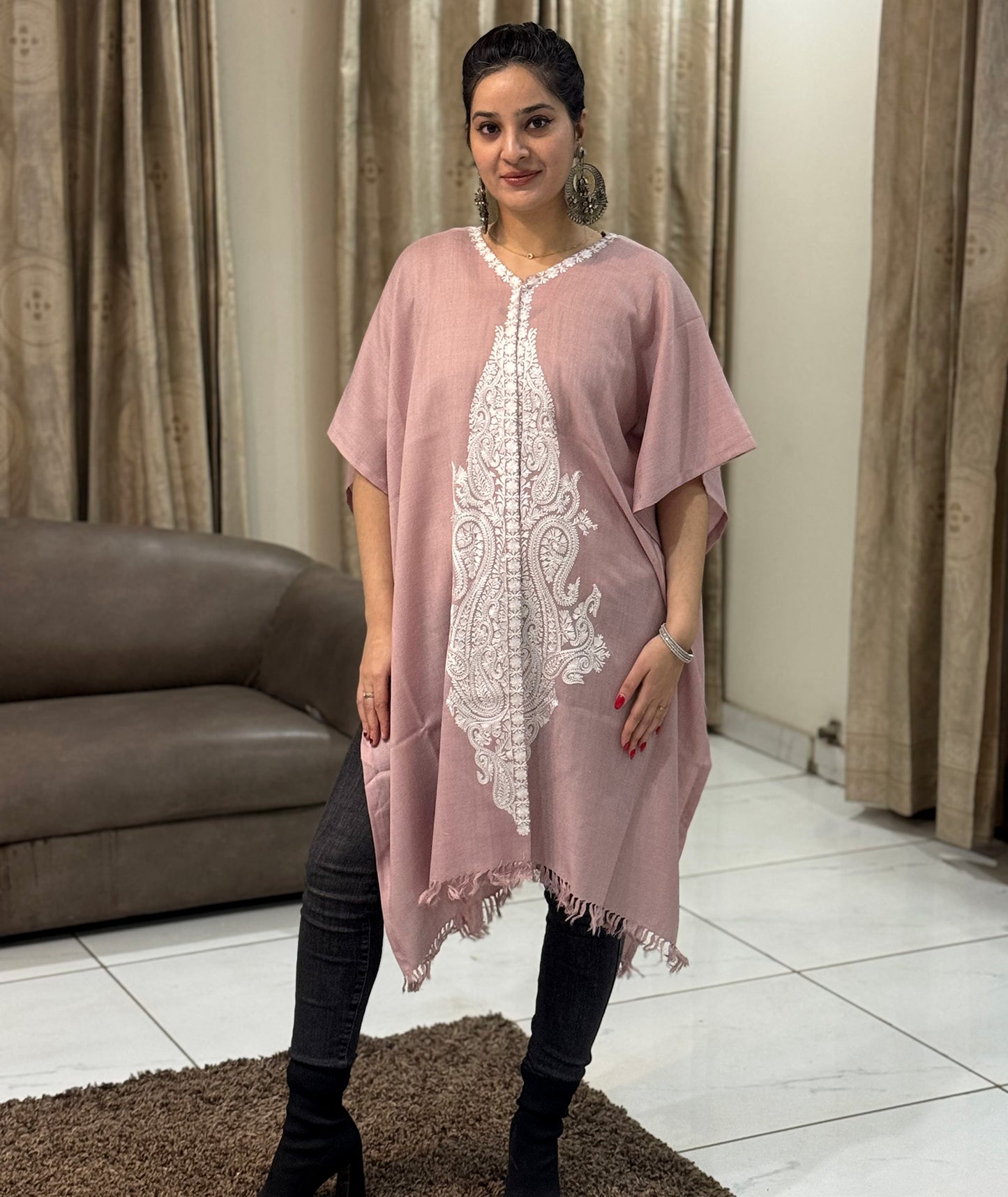 Priemum Wool Rose Pink & White Embroidered Cape Shawl