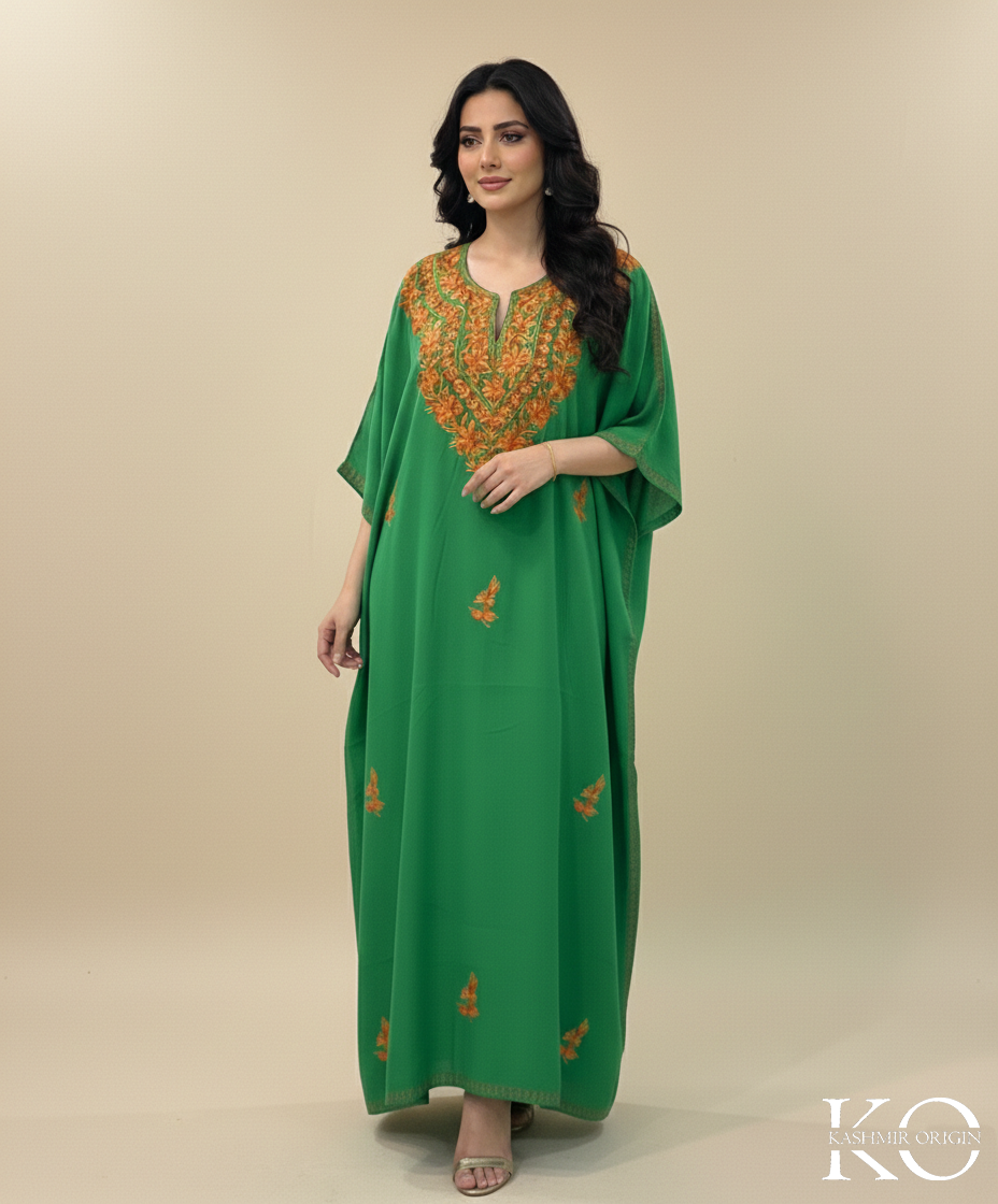 Green Base Aari Embroidered Kashmiri Crush Cotton Kaftan | Special Cotton fabric for Hot Summers