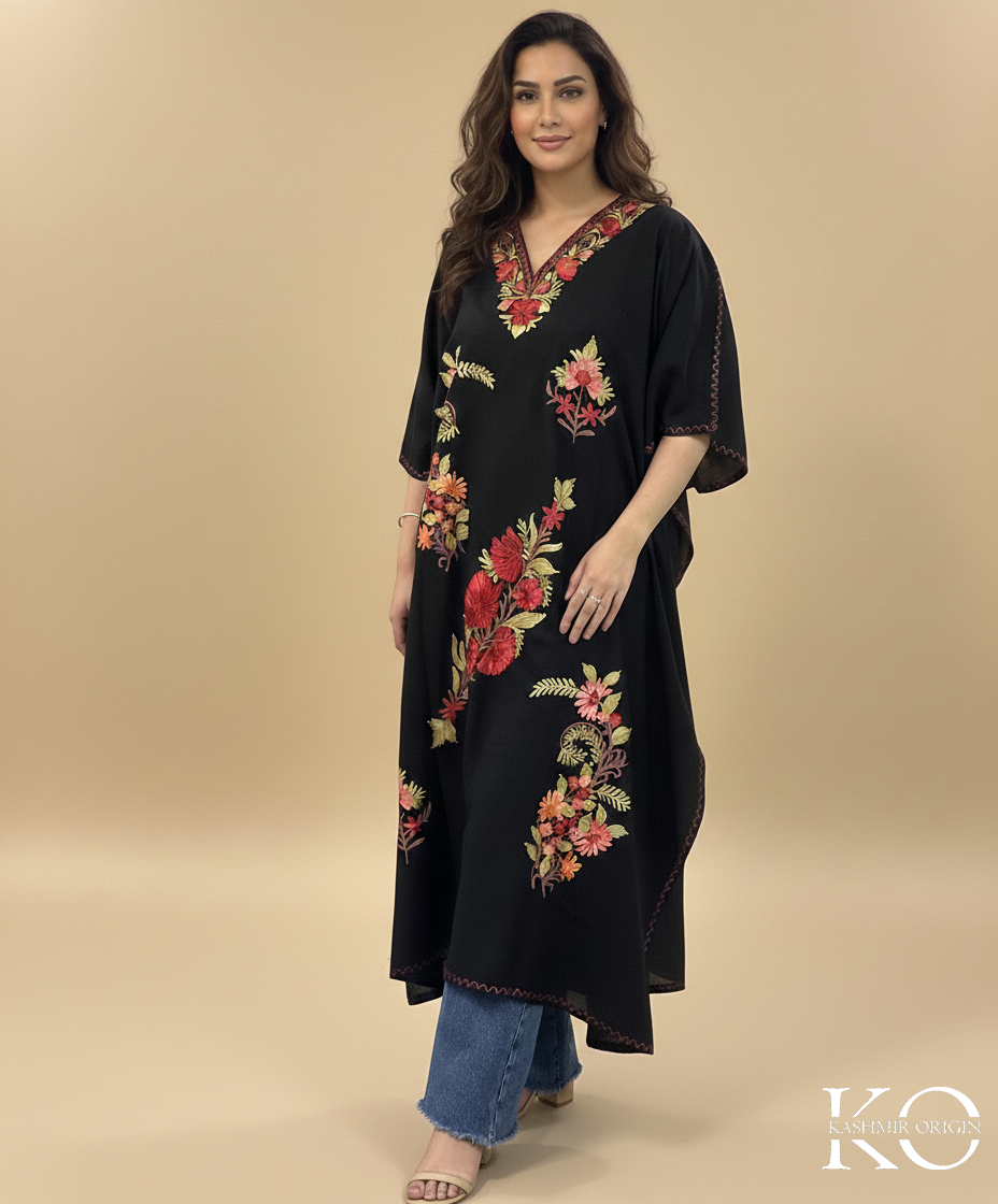 Black Aari Embroidered Plant Design Kashmiri Crush Cotton Kaftan | Special Cotton fabric for Hot Summers
