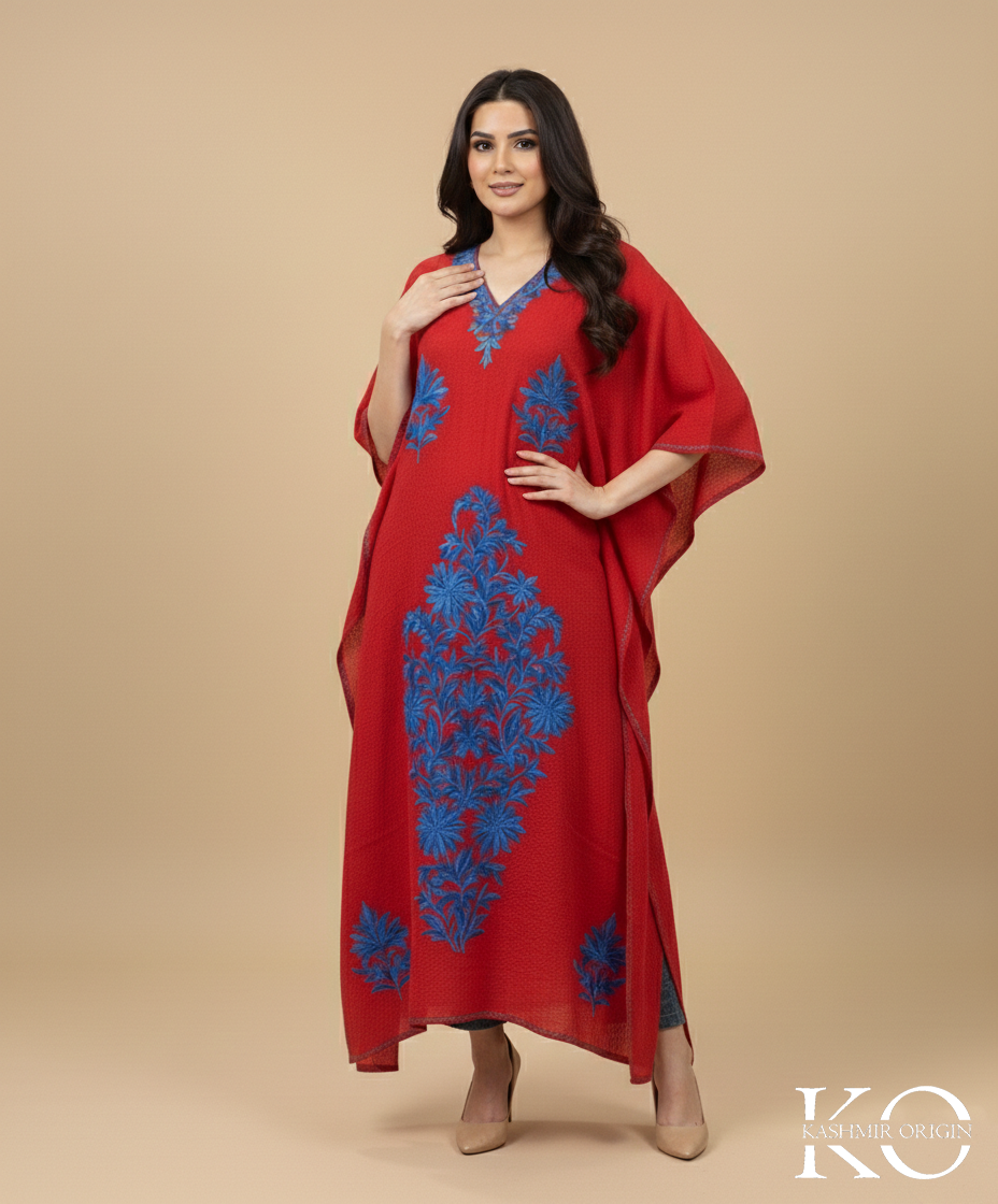 Red & Blue Aari Embroidered Kashmiri Crush Cotton Kaftan | Special Cotton fabric for Hot Summers