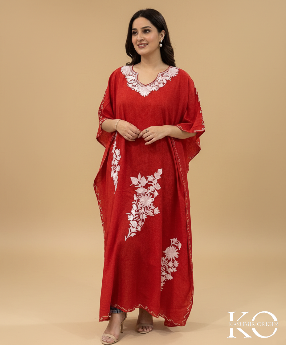 Red & White Aari Embroidered Kashmiri Cotton Kaftan | Special Cotton fabric for Hot Summers