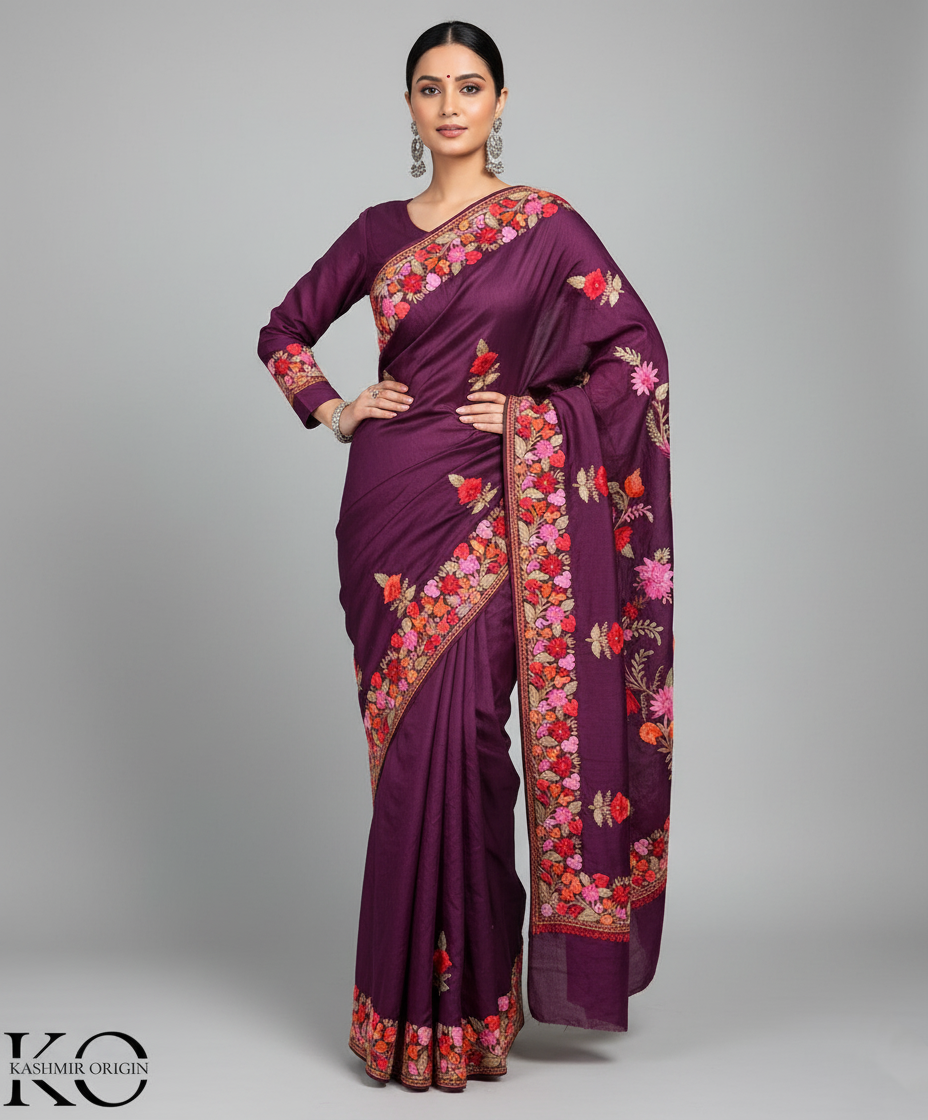 WineTop Seller Multifloral Aari Embroidered Kashmiri Pure Silk Saree