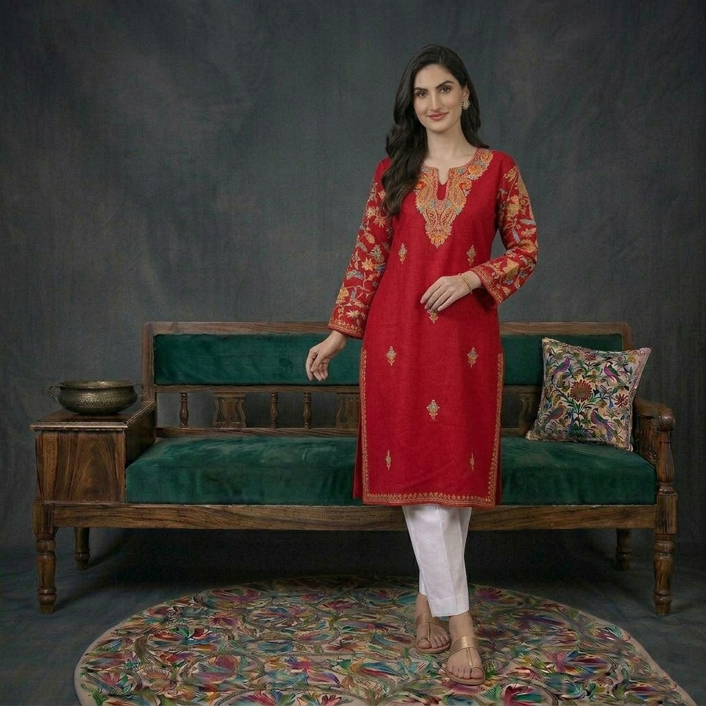 Red Arm Design Aari Embroidered Kashmiri Cotton Kurti