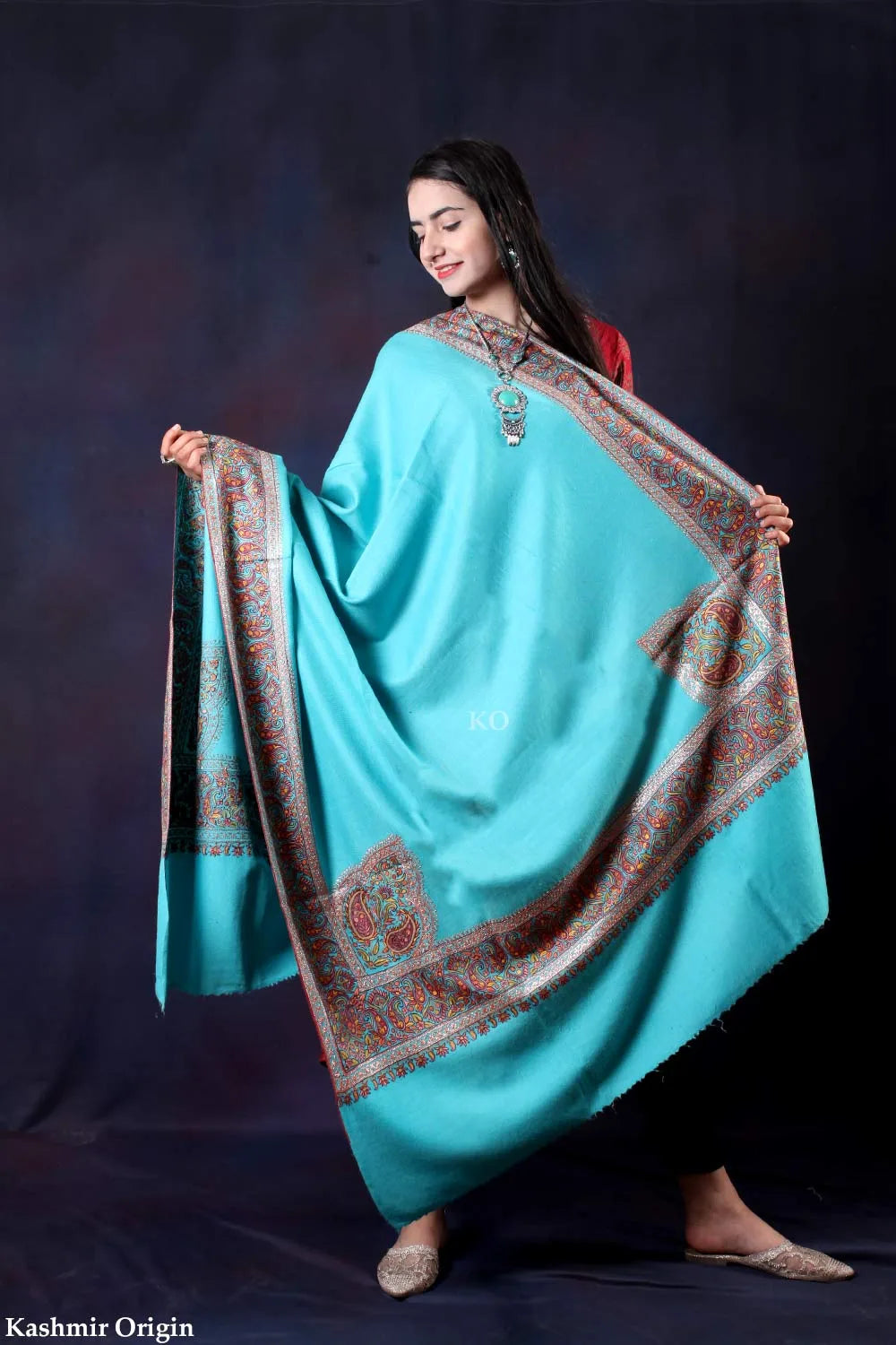 Tourquise base Tilla and Sozni Embroidered Handwoven Pashmina Shawl