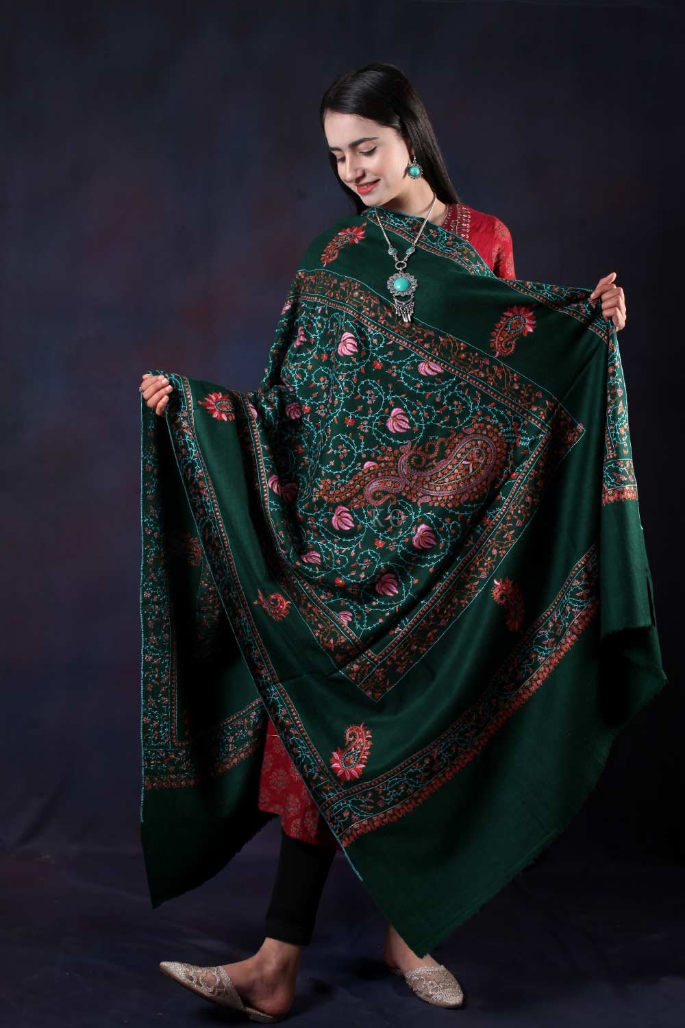 Green Sozni Embroidered Handwooven Pashmina shawl