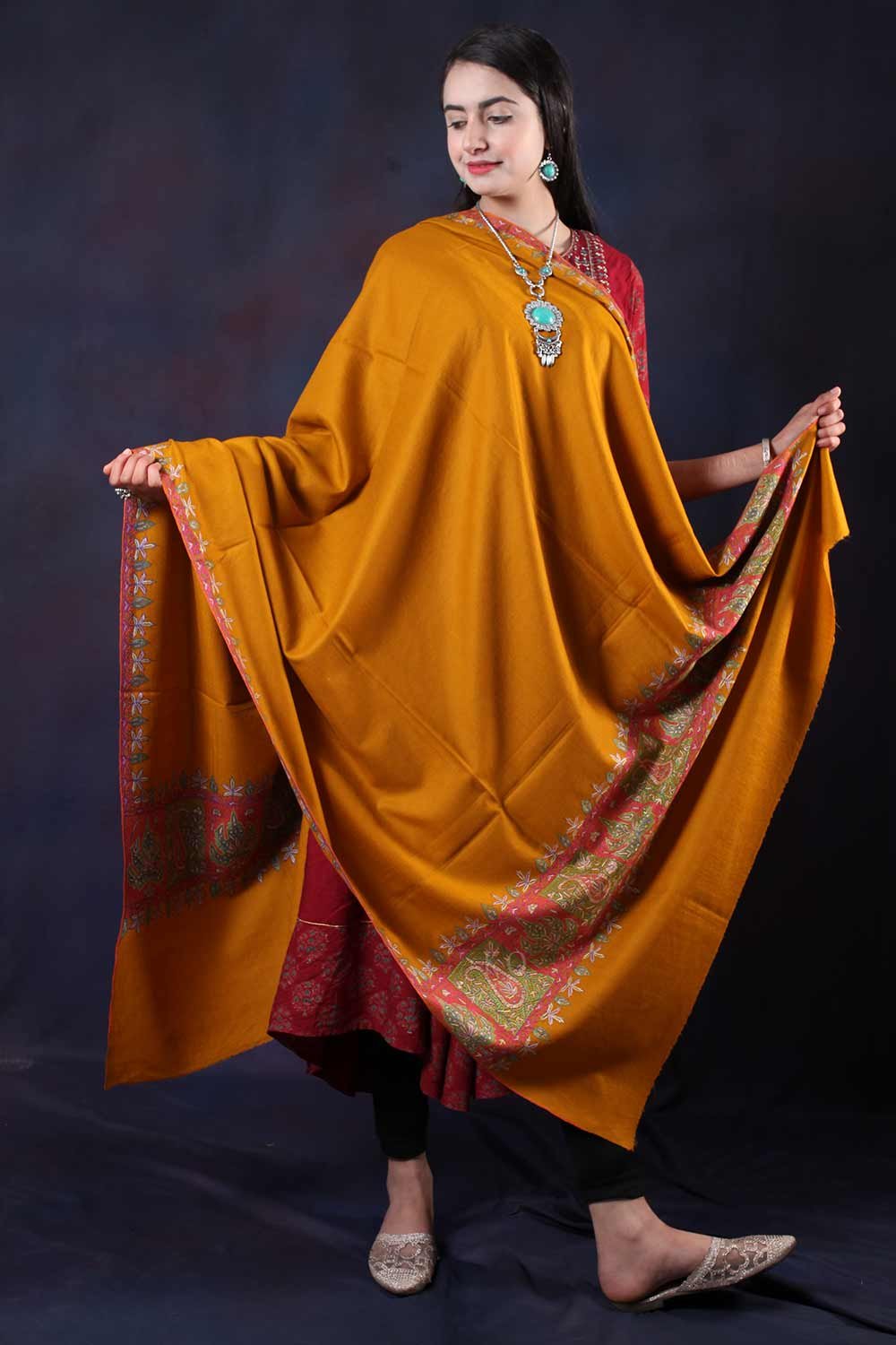 Mustard Sozni Embroidered Handwooven Pashmina shawl