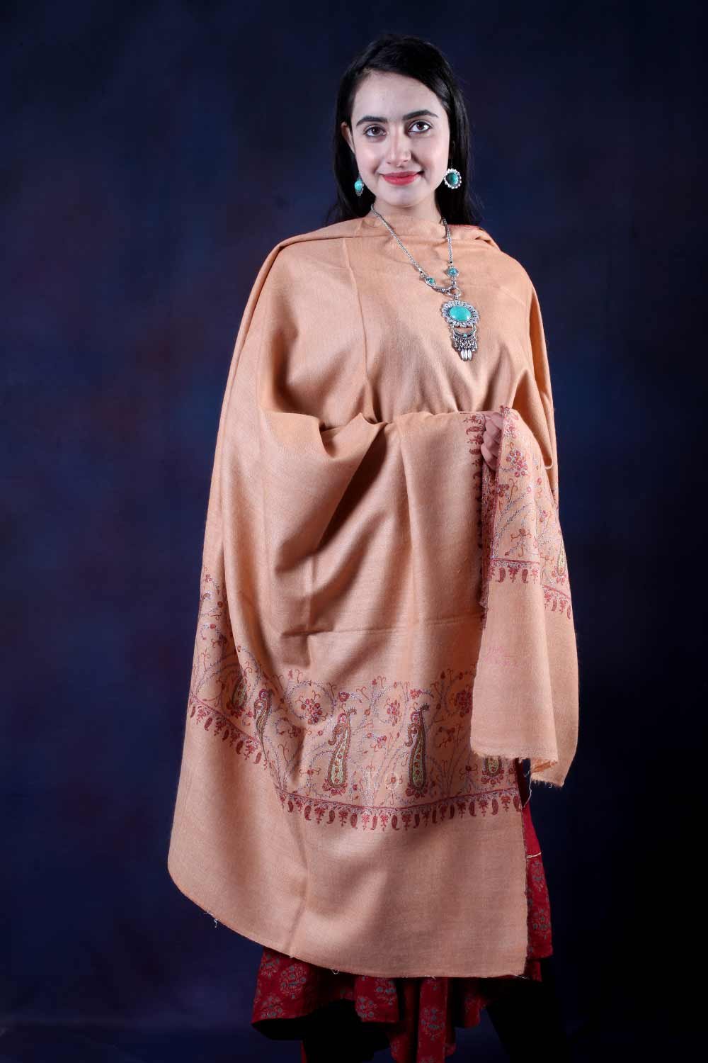 Salmon base Sozni Embroidered Handwooven Pashmina shawl