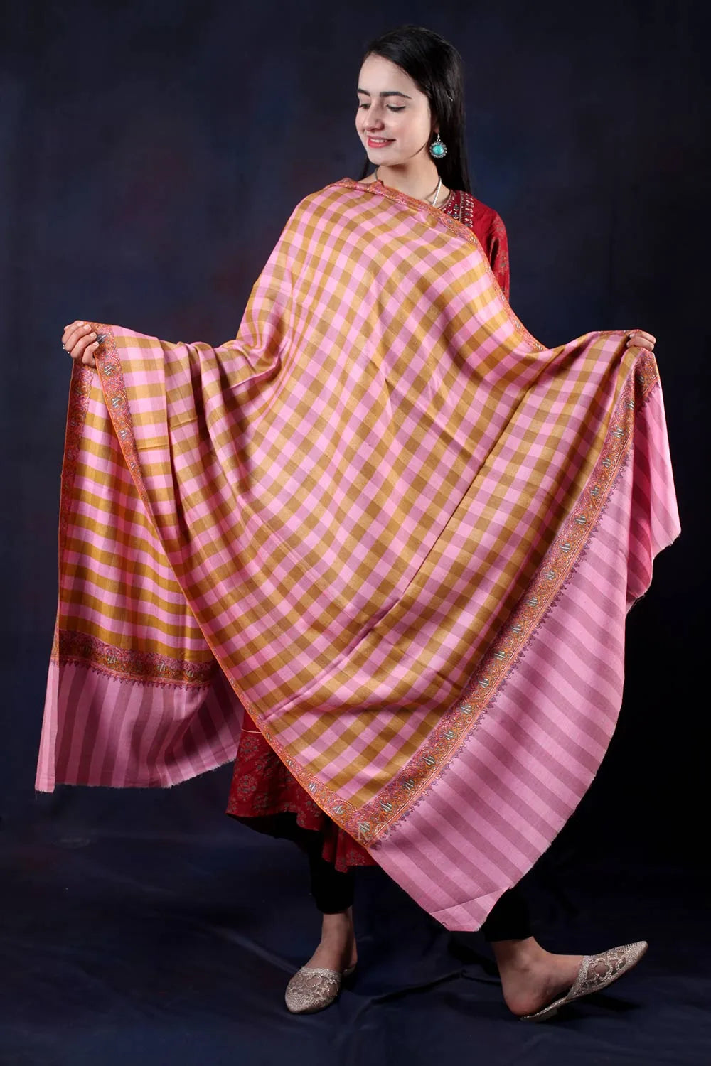 Pink Check Base Sozni Embroidered Handwooven Pashmina shawl