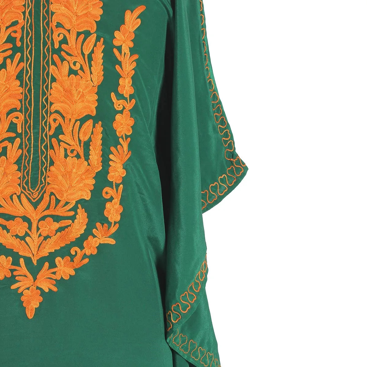 Green Aari Embroidered Silk Crepe Kaftan | Designed For Hot Summers | Arabian Style kaftan | Women's Kaftan | made in Kashmir
