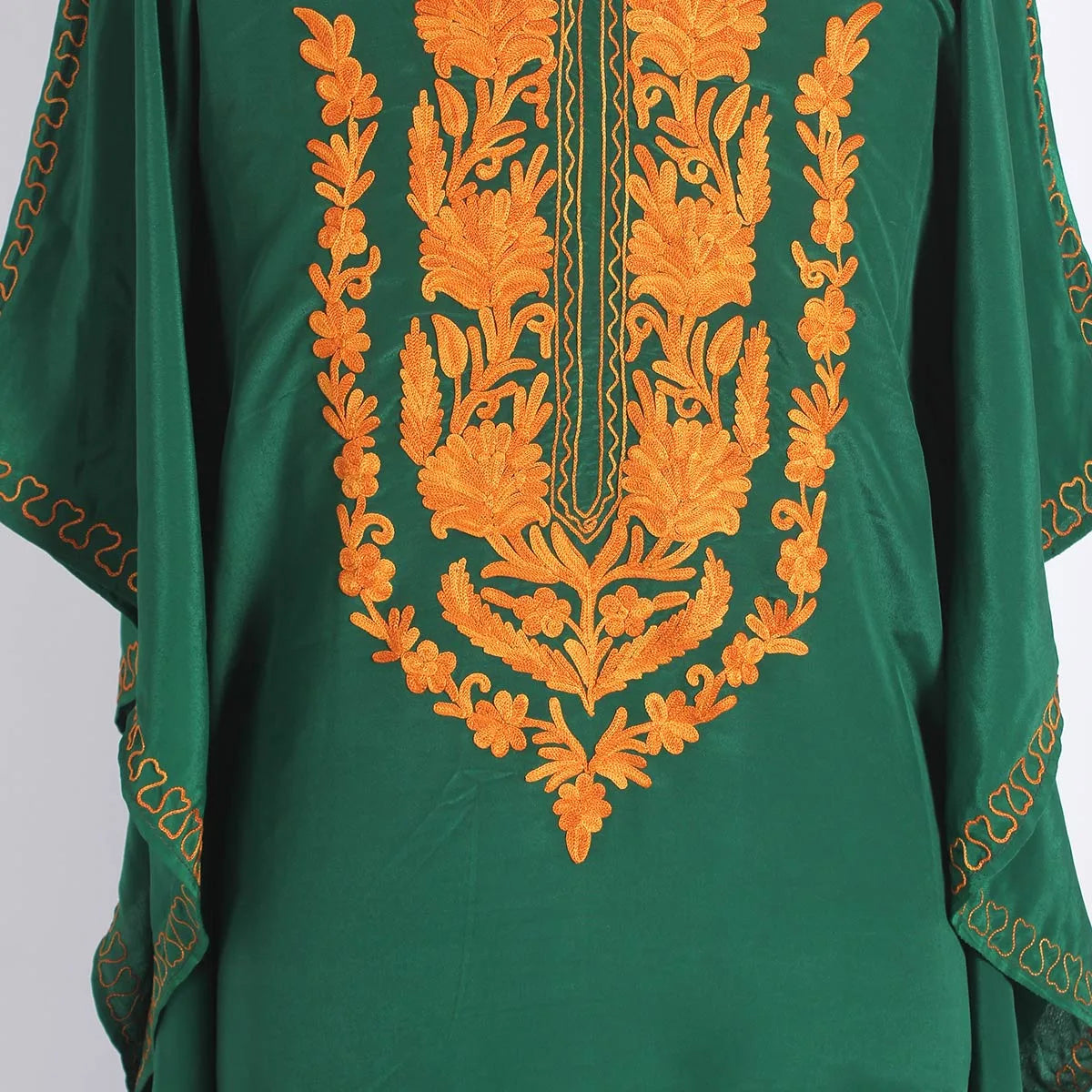 Green Aari Embroidered Silk Crepe Kaftan | Designed For Hot Summers | Arabian Style kaftan | Women's Kaftan | made in Kashmir