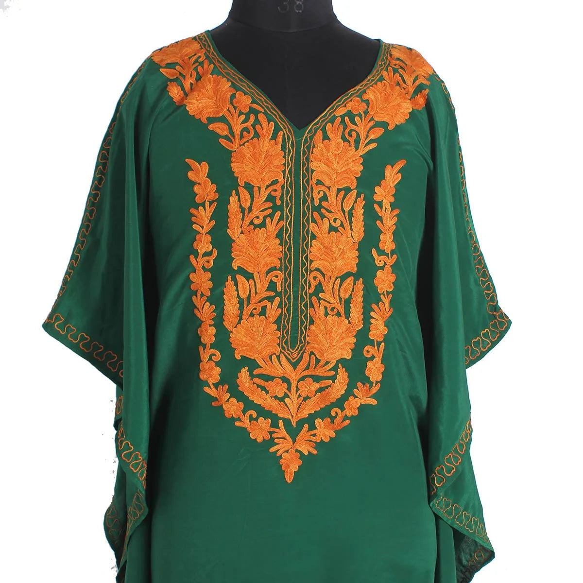 Green Aari Embroidered Silk Crepe Kaftan | Designed For Hot Summers | Arabian Style kaftan | Women's Kaftan | made in Kashmir