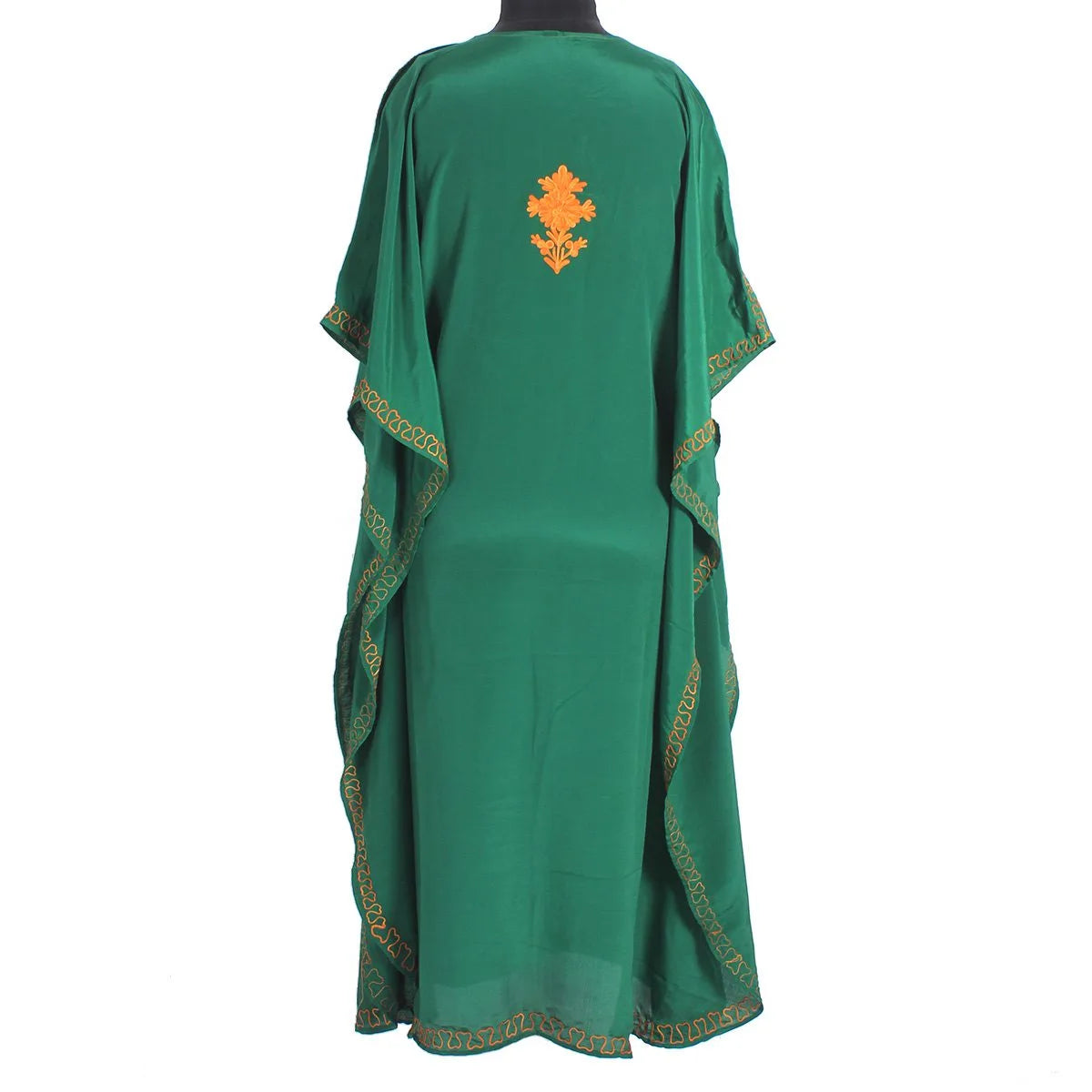 Green Aari Embroidered Silk Crepe Kaftan | Designed For Hot Summers | Arabian Style kaftan | Women's Kaftan | made in Kashmir