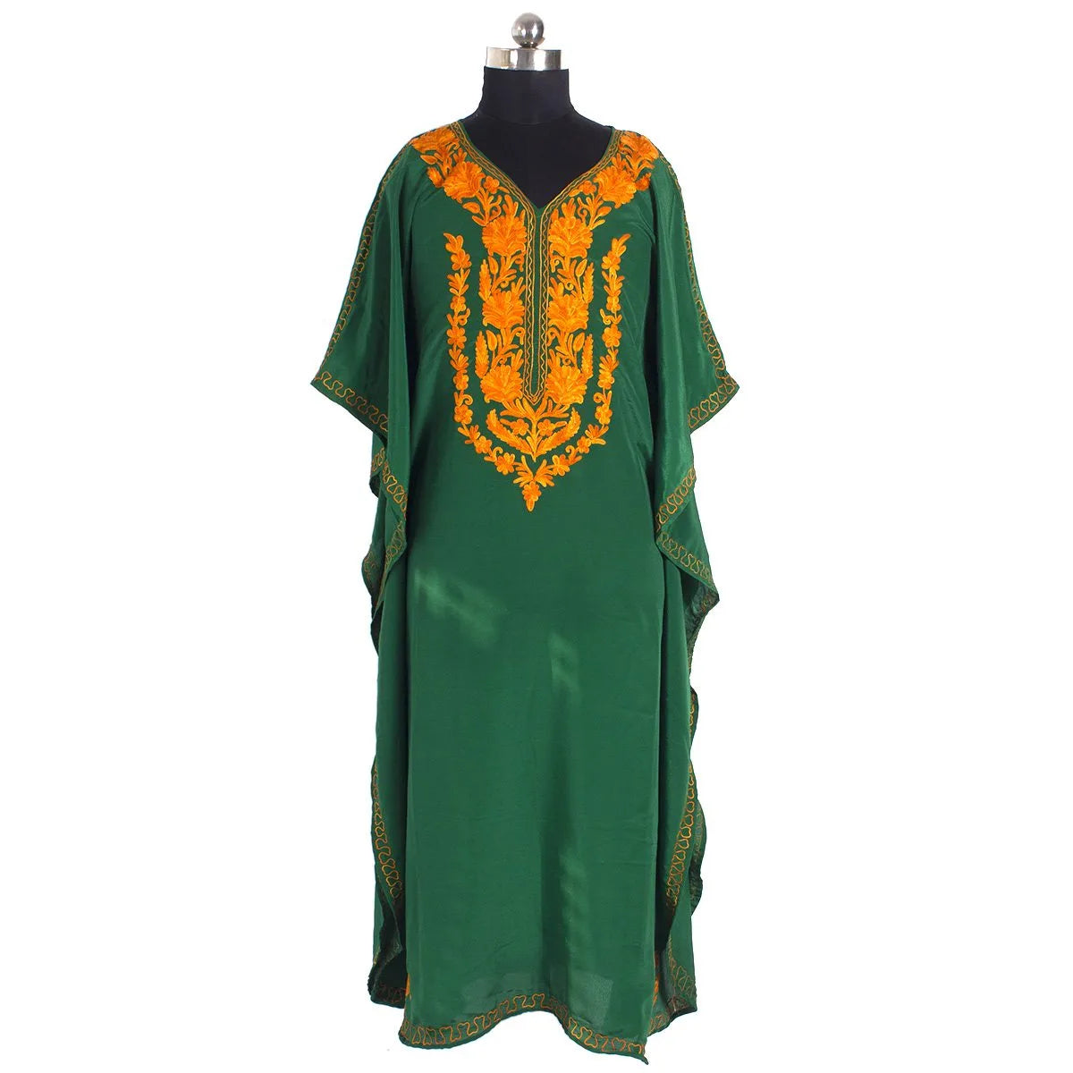 Green Aari Embroidered Silk Crepe Kaftan | Designed For Hot Summers | Arabian Style kaftan | Women's Kaftan | made in Kashmir