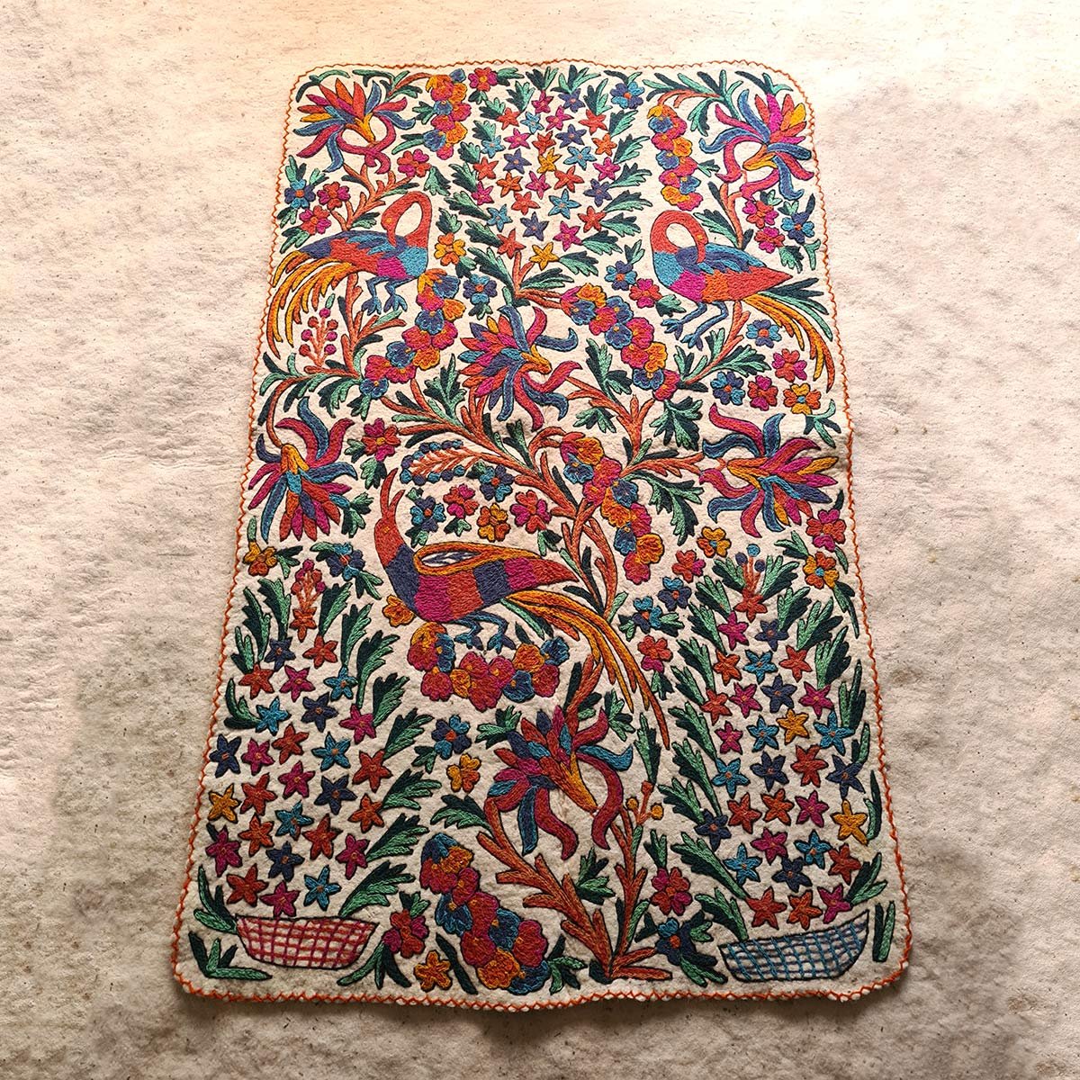 Dance of Peacocks Handmade Double Aari Embroidered Namda 6x4 Ft
