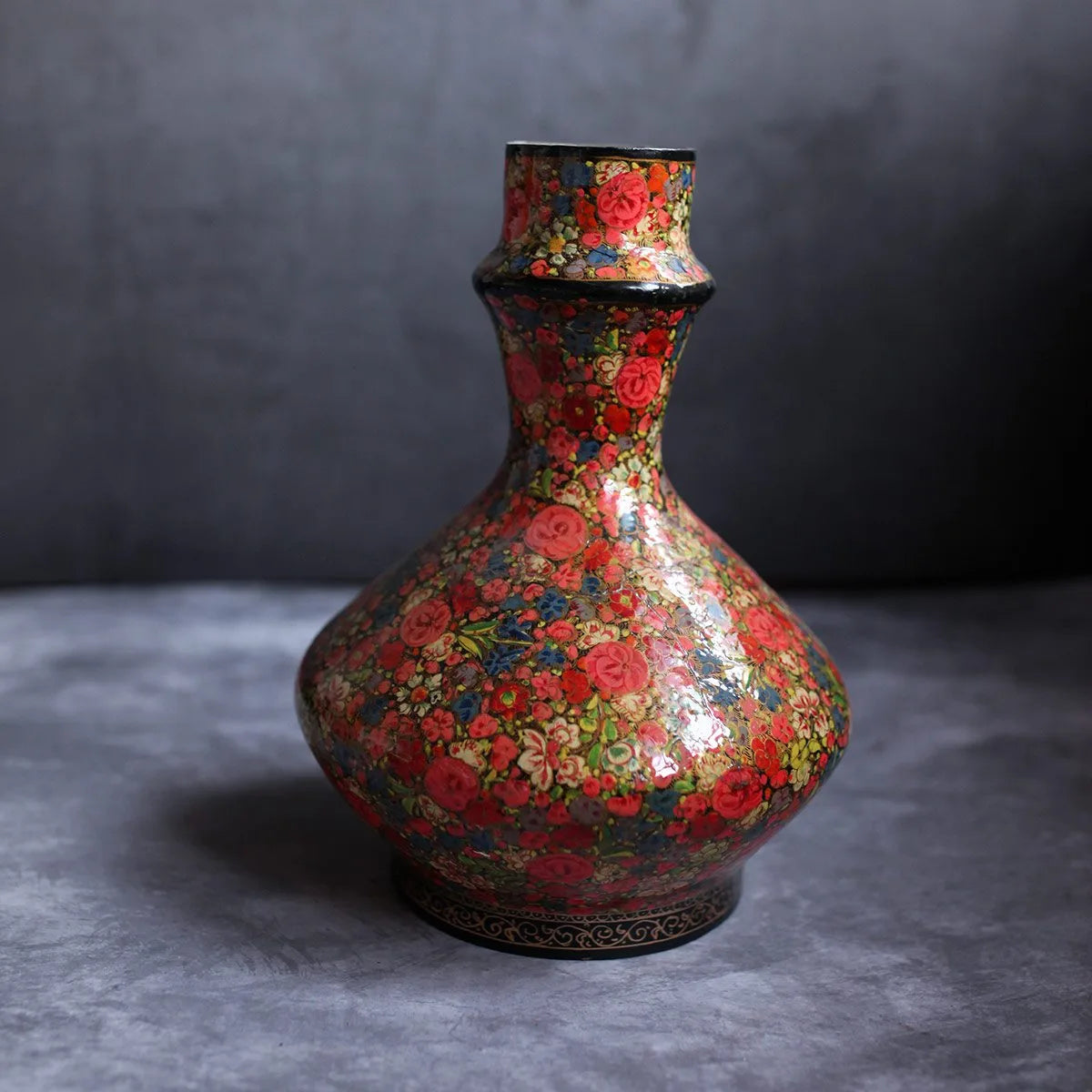 Tradational Brass Base Paper Mache Hooka Floral design | Kashmiri Paper Mache 22 x 9 INCH