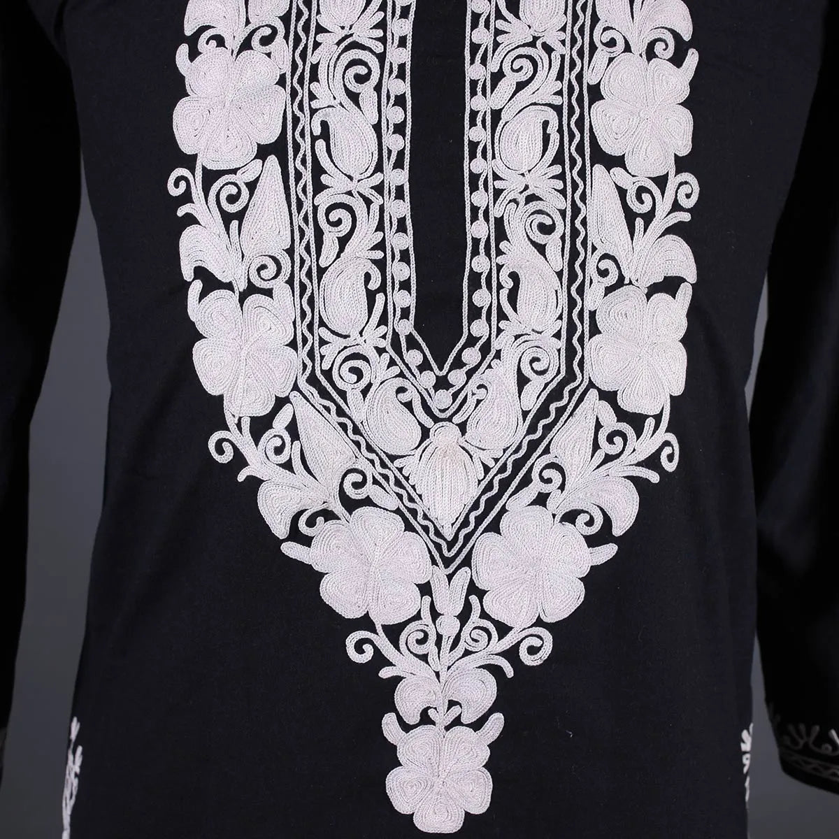 Black Floral White Ari Embroidered Cotton Kurti