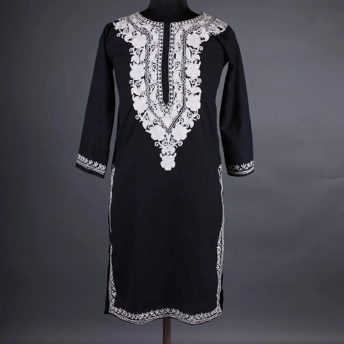 Buy black kurti with white embroidery Kashmirorigin – Kashmir origin