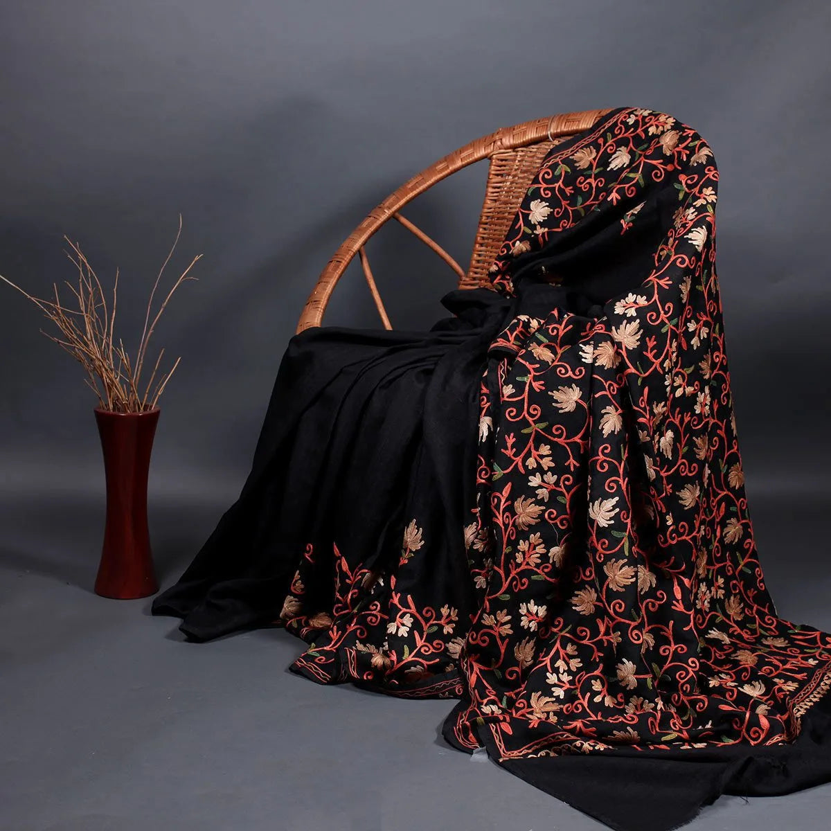 Black Chinar Design Aari Embroidered Full Jamawar Kashmiri Silk Saree