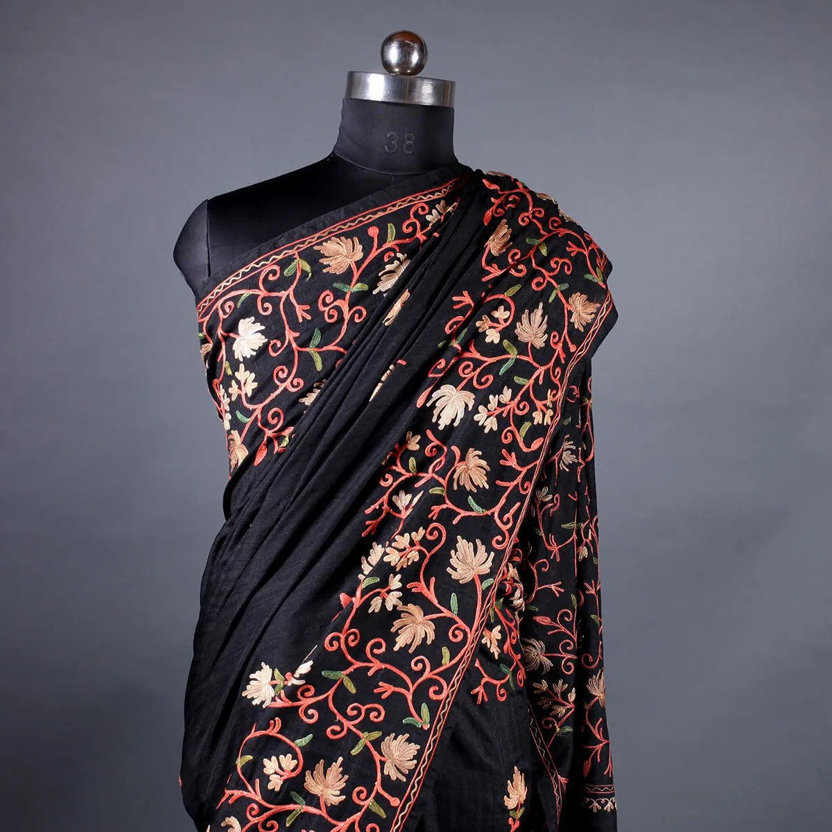 Black Chinar Design Aari Embroidered Full Jamawar Kashmiri Silk Saree