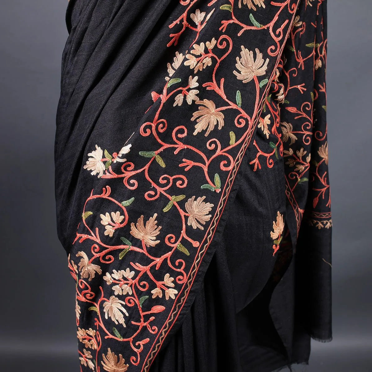 Black Chinar Design Aari Embroidered Full Jamawar Kashmiri Silk Saree