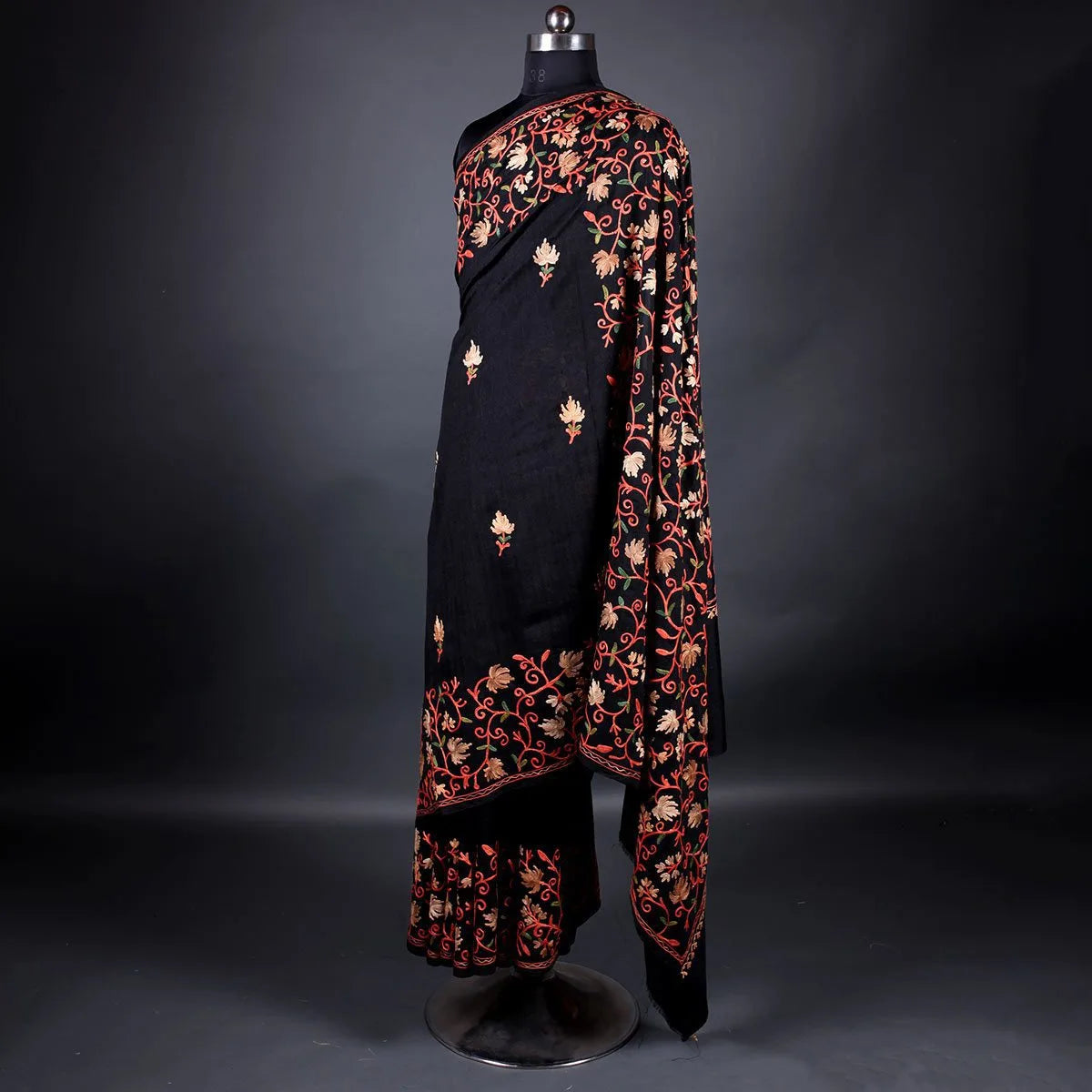 Black Chinar Design Aari Embroidered Full Jamawar Kashmiri Silk Saree