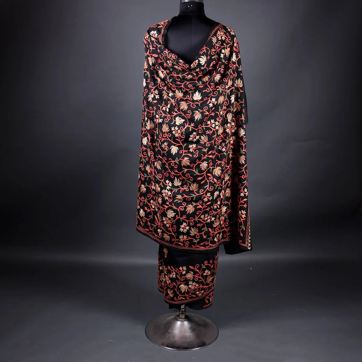 Black Chinar Design Aari Embroidered Full Jamawar Kashmiri Silk Saree