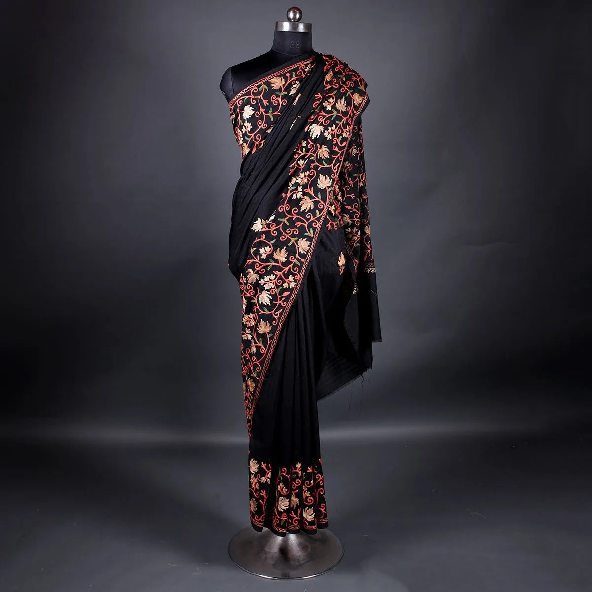 Black Chinar Design Aari Embroidered Full Jamawar Kashmiri Silk Saree