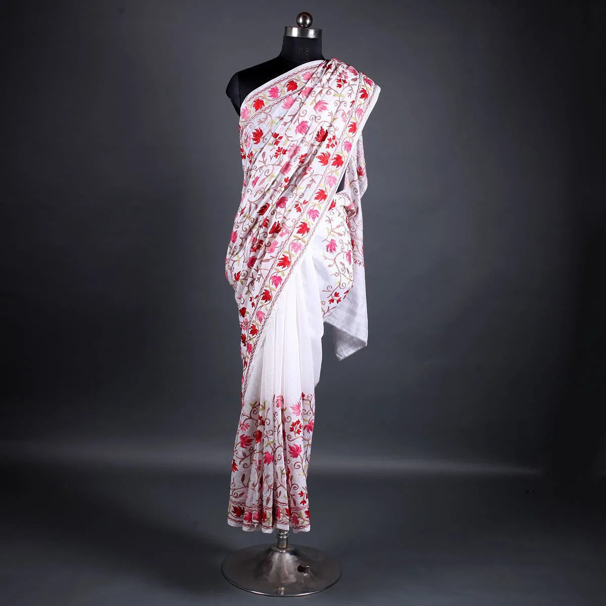 White Chinar design Aari Embroidered Silk Saree