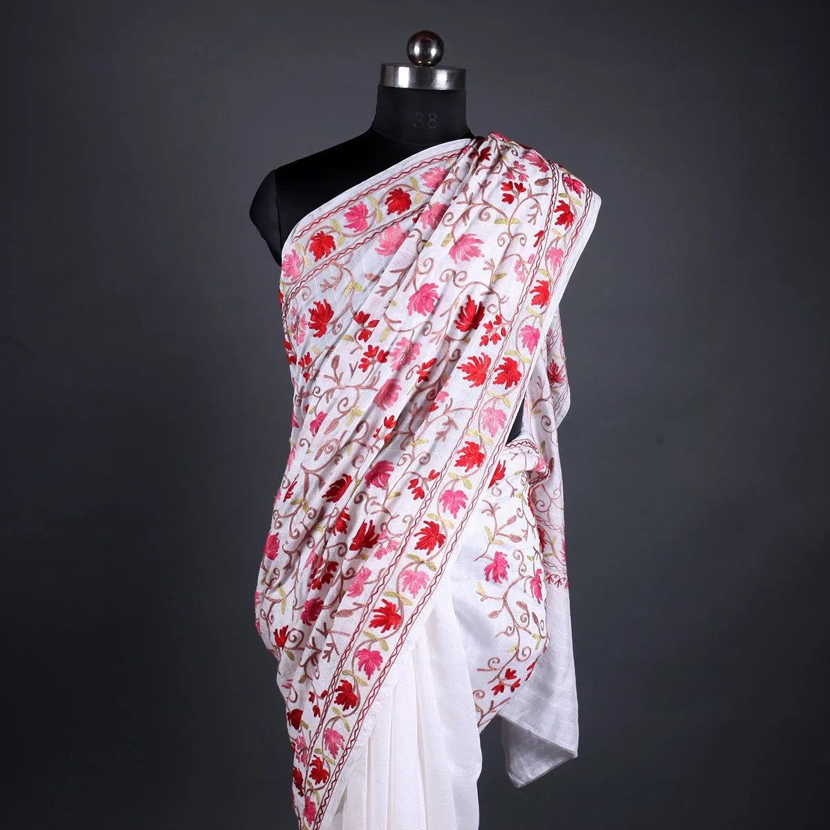 White Chinar design Aari Embroidered Silk Saree