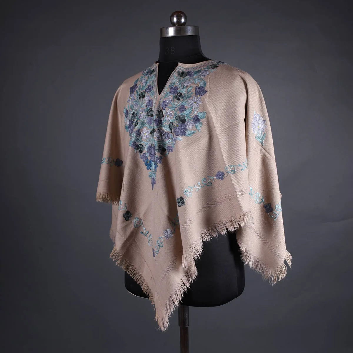 Tan Poncho with Aari Embroidery, Kashmir Embroidery