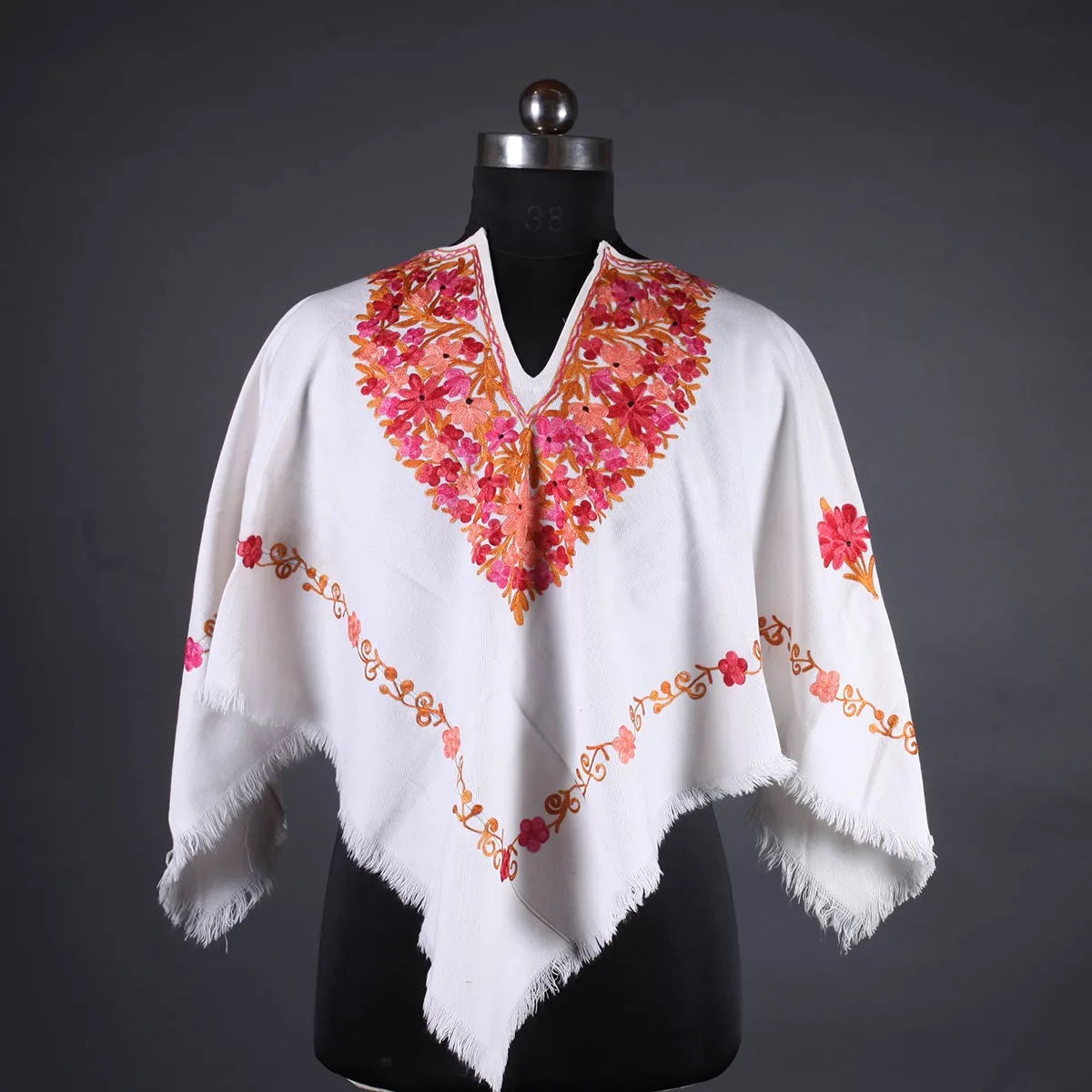 White Poncho with Aari Embroidery, Kashmir Embroidery